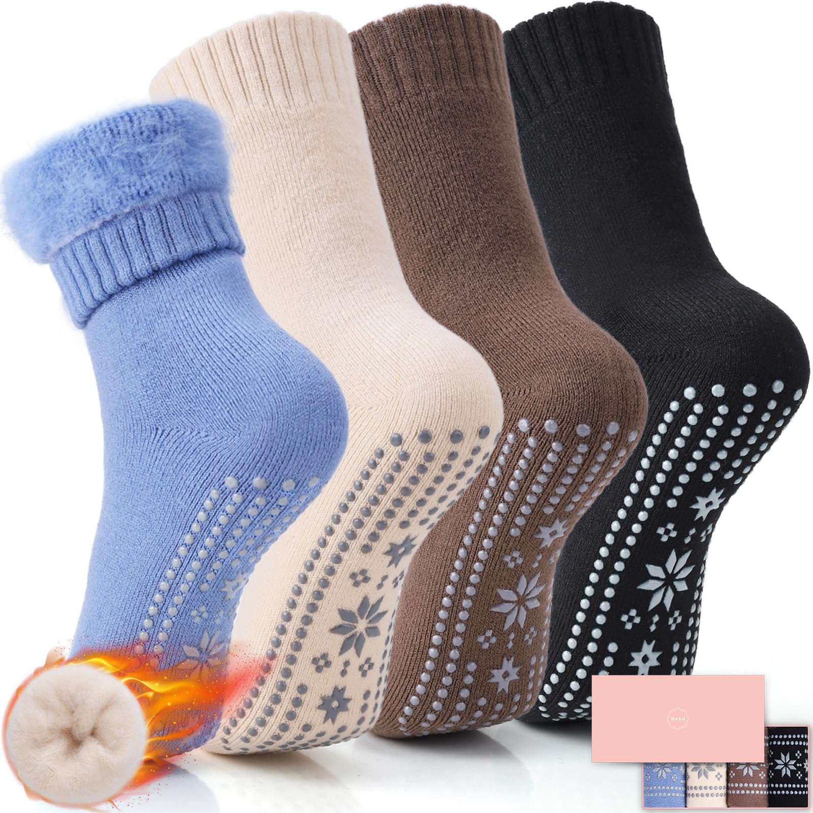 ICEIVY Thermal Slippers for Women - 4 Pairs Cozy Winter Socks with Grips for Home & Hospital Use