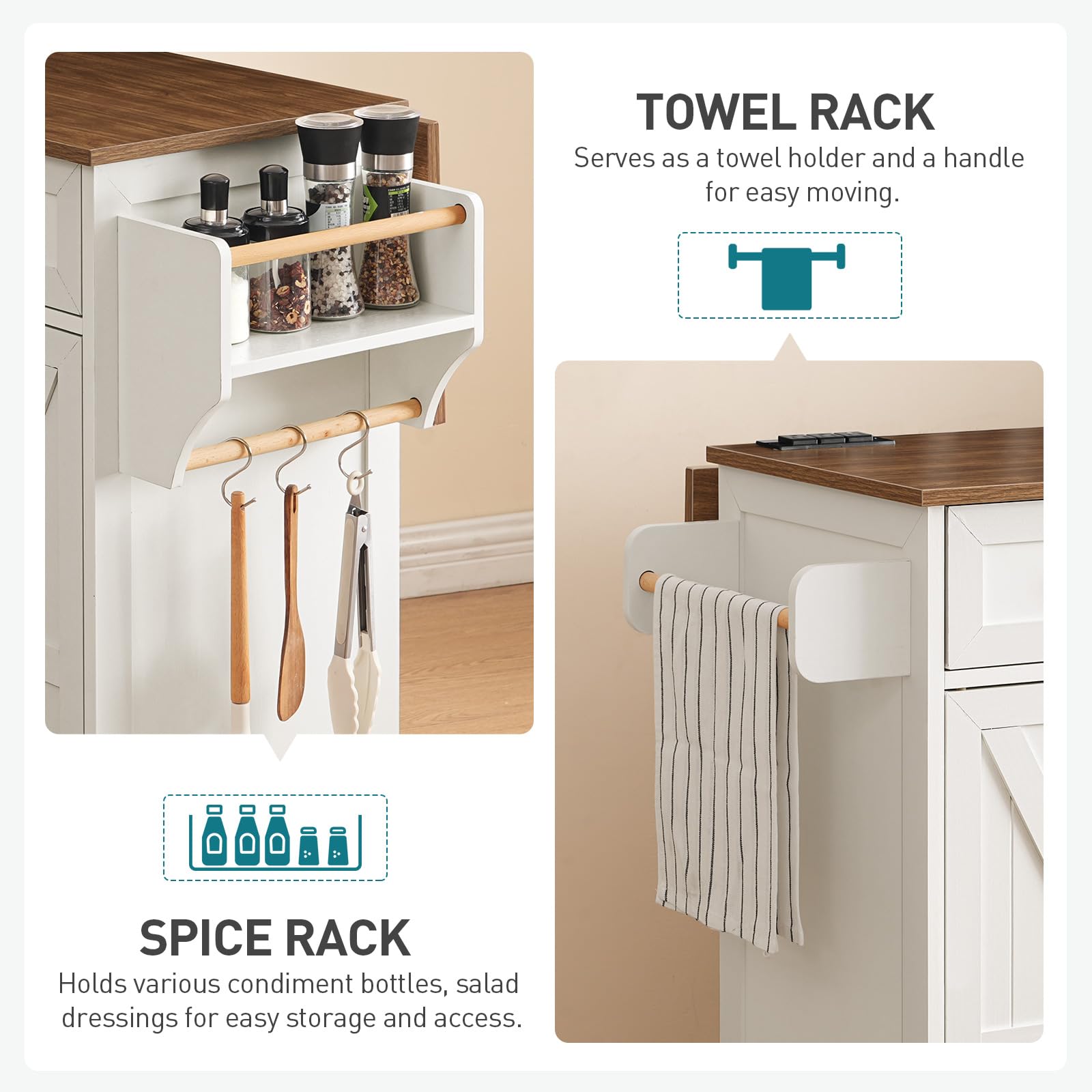 White & Walnut Kitchen Island Cart with Drop Leaf, 3 Drawers, Towel Rack & Spice Rack - Mobile Kitchen Storage Table with USB Charging Station for Small Spaces - Perfect for Meal Prep, Entertaining & Extra Counter Space