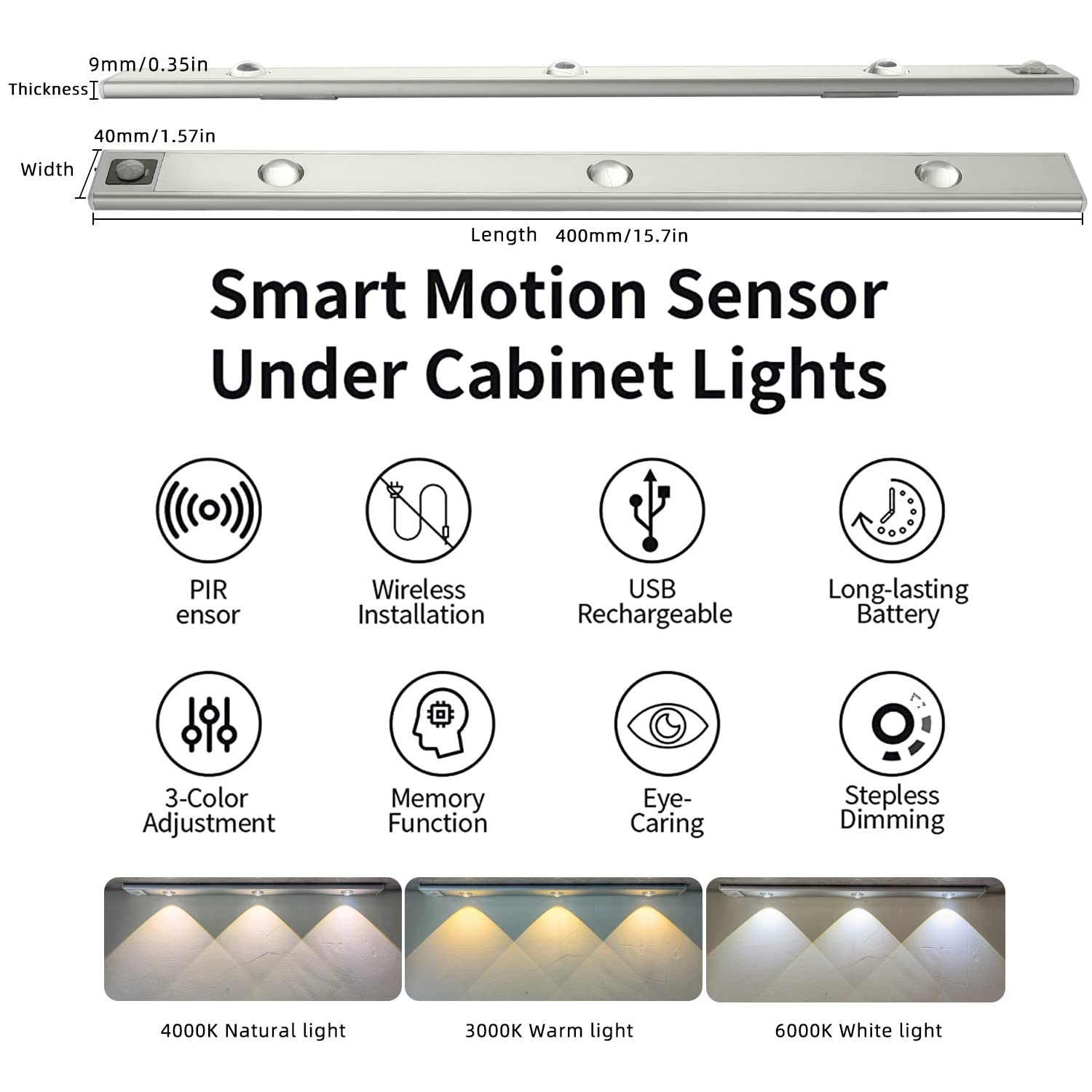 Wireless LED Motion Sensor Under Cabinet Lights - USB Rechargeable Dimmable Closet Lighting with 3 Color Options | Perfect for Kitchen, Coffee Bar, Wardrobe & Night Light Use