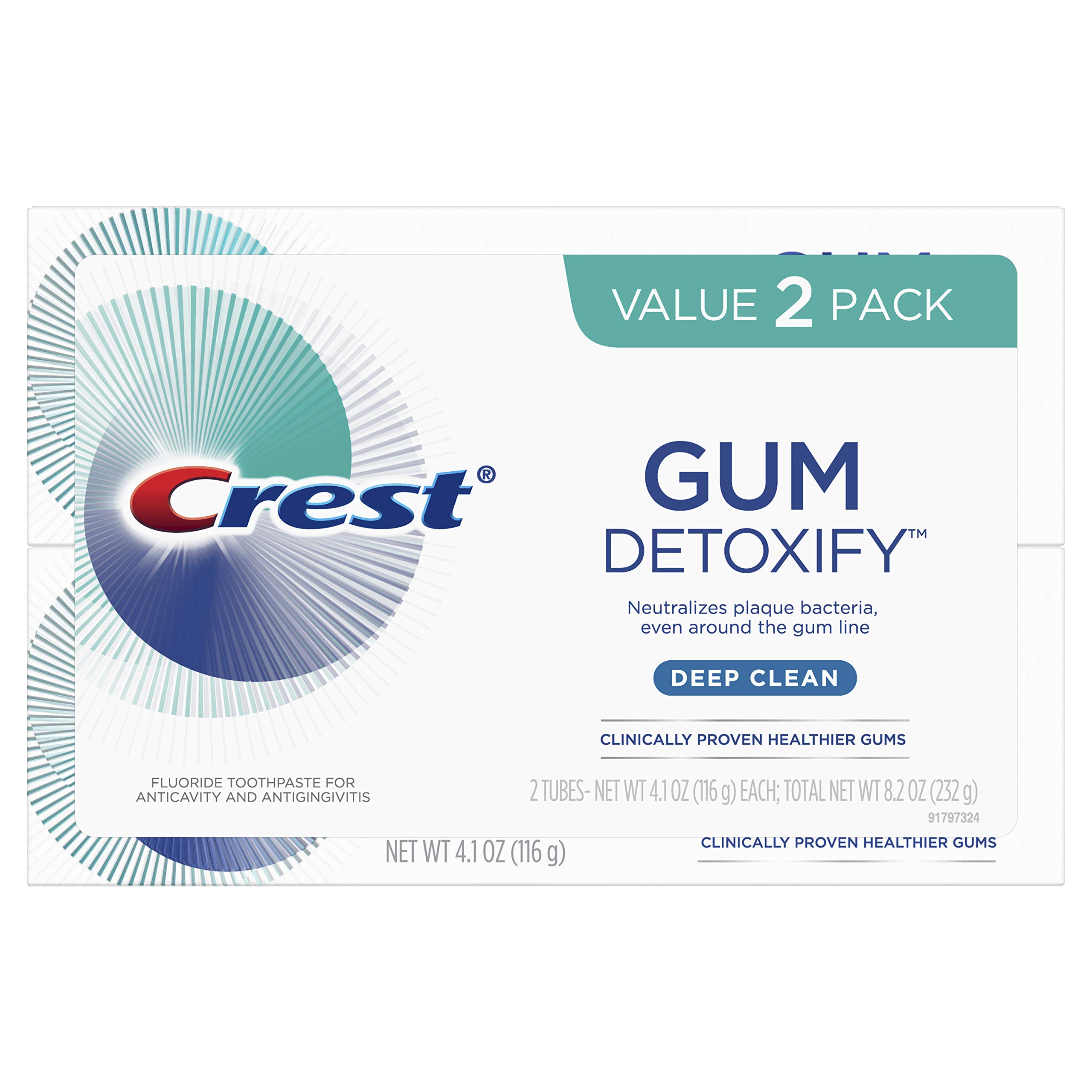 Crest Gum Detoxify Deep Clean Toothpaste for Gingivitis & Plaque Removal, 4.1 oz (2 Pack) - Whitening Fluoride Toothpaste for Sensitive Teeth & Fresh Breath, Ideal for Daily Oral Care Routine