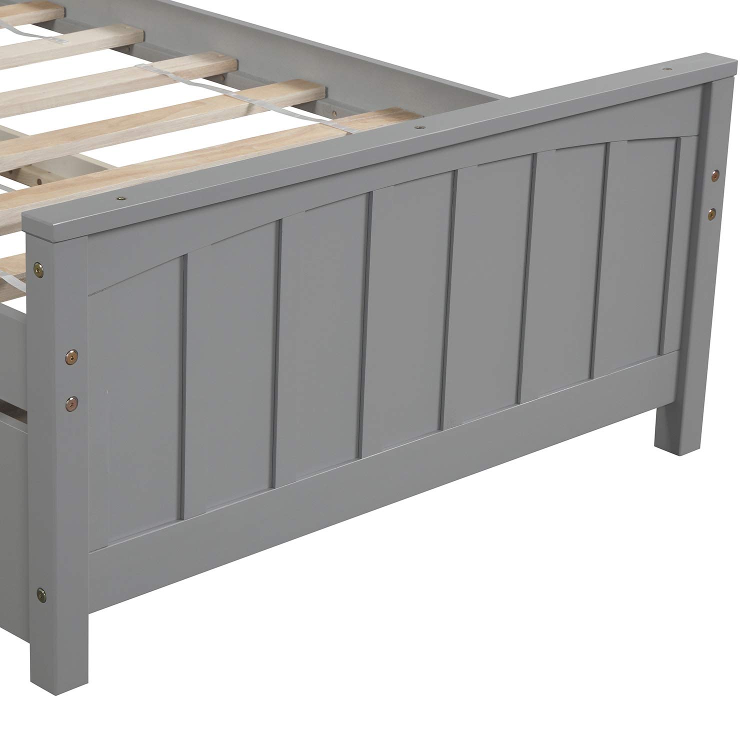 **Twin Size Solid Wood Platform Bed Frame with Trundle & Headboard - No Box Spring Needed - Grey - Perfect for Kids' Bedroom, Guest Room & Small Spaces**