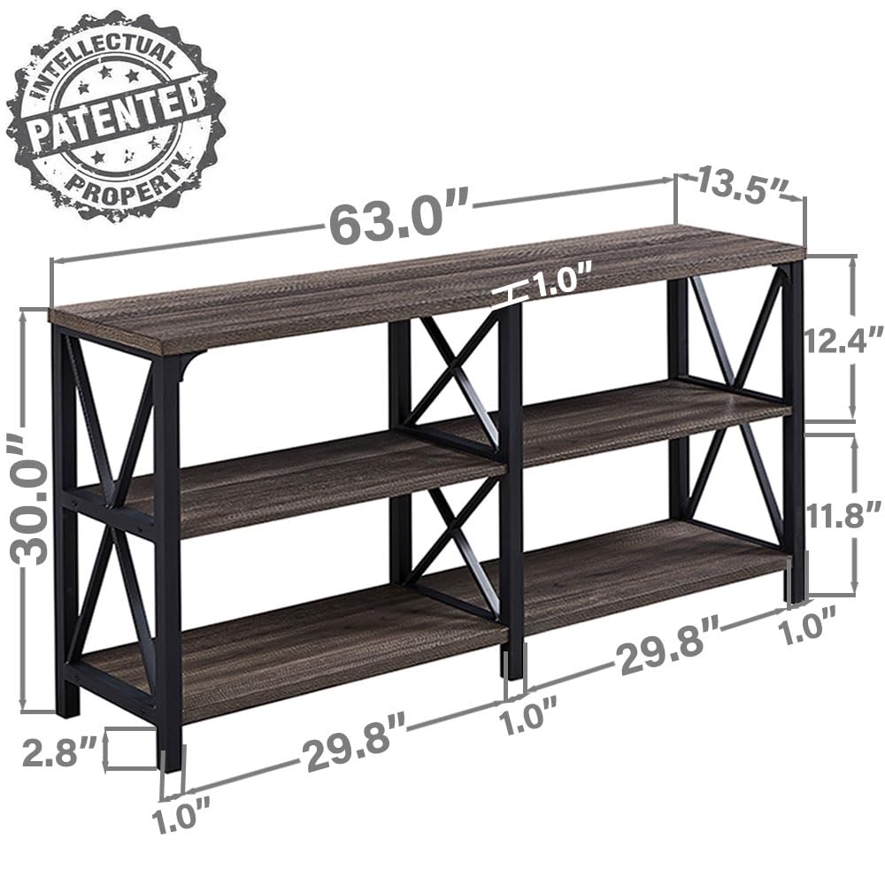 LVB Rustic Console Table - Industrial Modern Sofa Table Behind Couch, Long Entryway Table with Storage Shelf | Farmhouse Foyer & Hallway Table for Living Room, Bedroom & Home Decor | Dark Gray Oak Finish, 63 Inch | Perfect for Small Spaces & Apartment Entryways