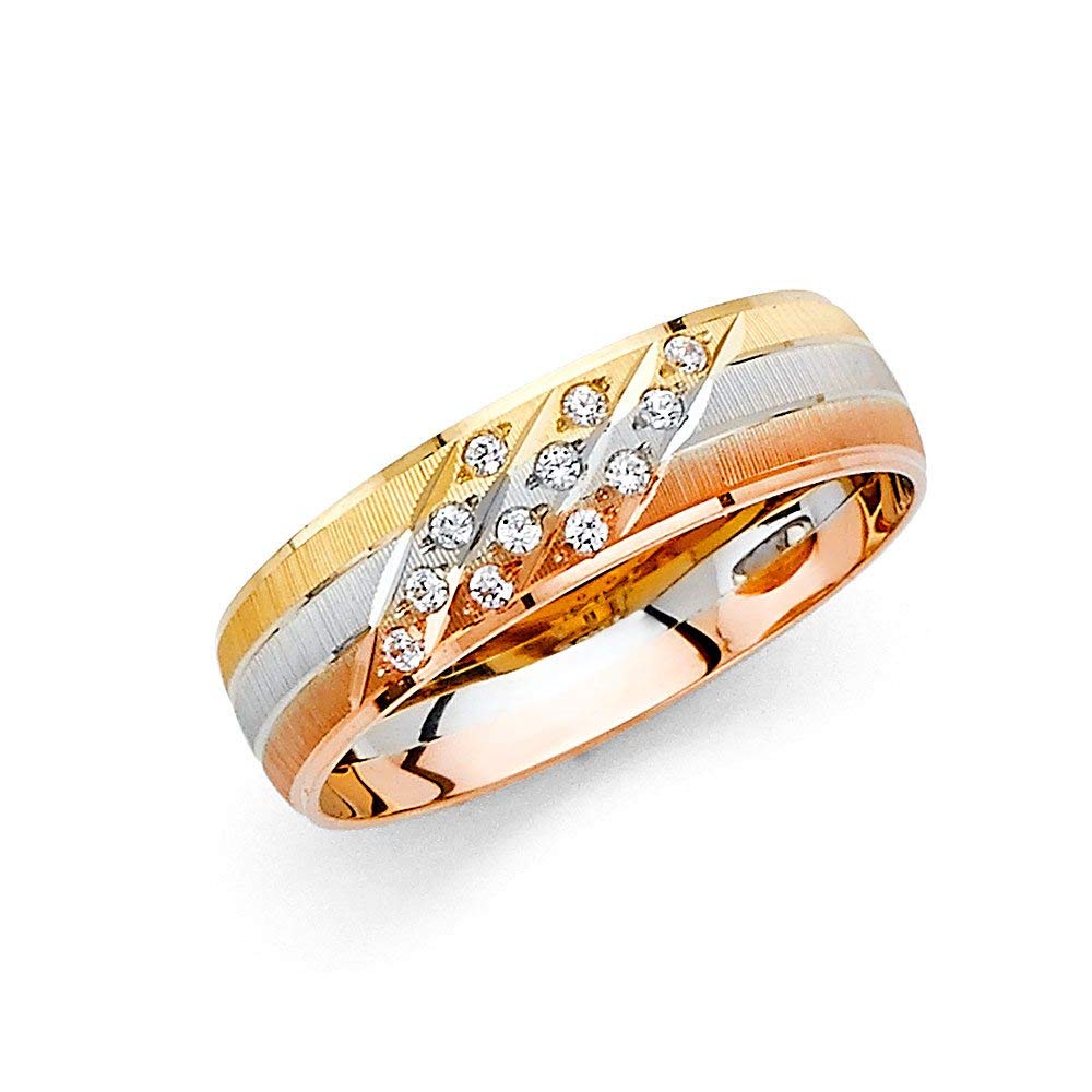 14K Yellow Gold, White Gold & Rose Gold 3-Row Cubic Zirconia Simulated Diamond Wedding Band Ring for Women - Size 5-12.5 - Elegant Jewelry Gift for Brides, Anniversaries & Special Occasions