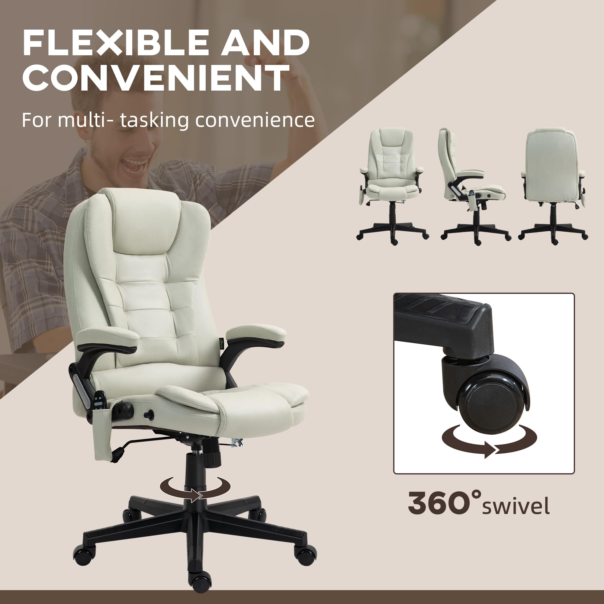 HOMCOM 6-Point Vibrating Massage Office Chair with Heating - High Back Executive Chair, Reclining Backrest & Padded Armrests - Remote Control - Beige Microfiber - Perfect for Home Office, Gaming & Relaxation