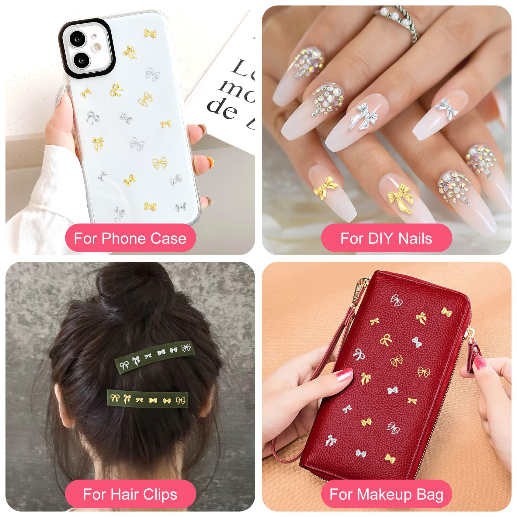 120+ Gold & Silver Bow Nail Charms - 6 Styles 3D Rhinestone Nail Art Decorations with Glitter Acrylic Pearls for Valentines, Wedding, Prom Nails - Perfect for DIY Jewelry, Scrapbooking, Envelope & Card Making Crafts