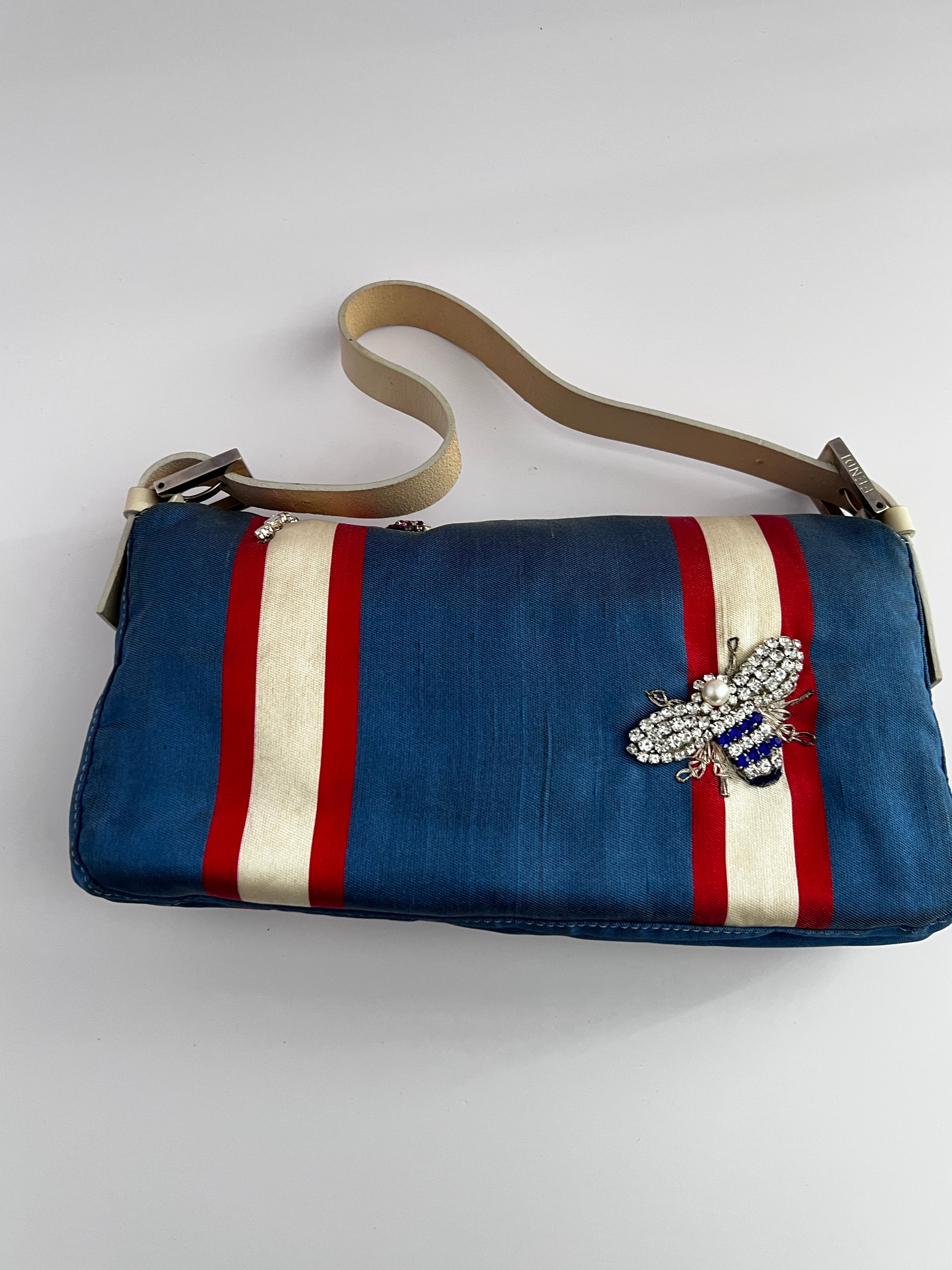 Vintage Fendi Striped Baguette Bag with Insect Motif - Stylish Crossbody Purse for Women, Perfect for Parties, Dates & Everyday Fashion