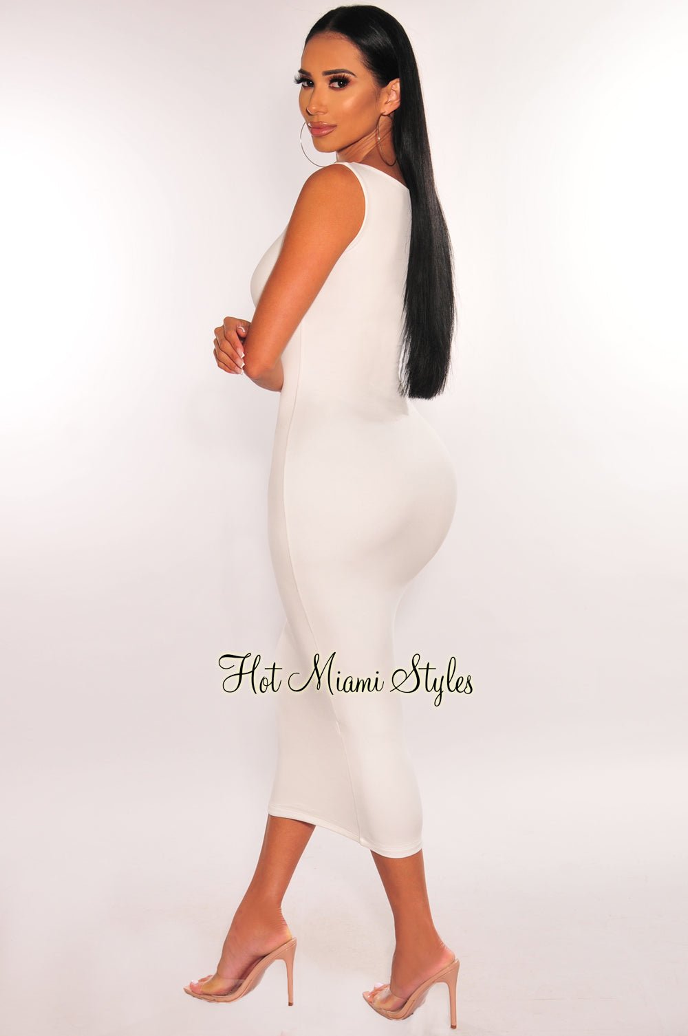 HMS Essential Women's White Sleeveless Round Neck Midi Dress - Casual Summer Dress for Beach, Party & Everyday Wear