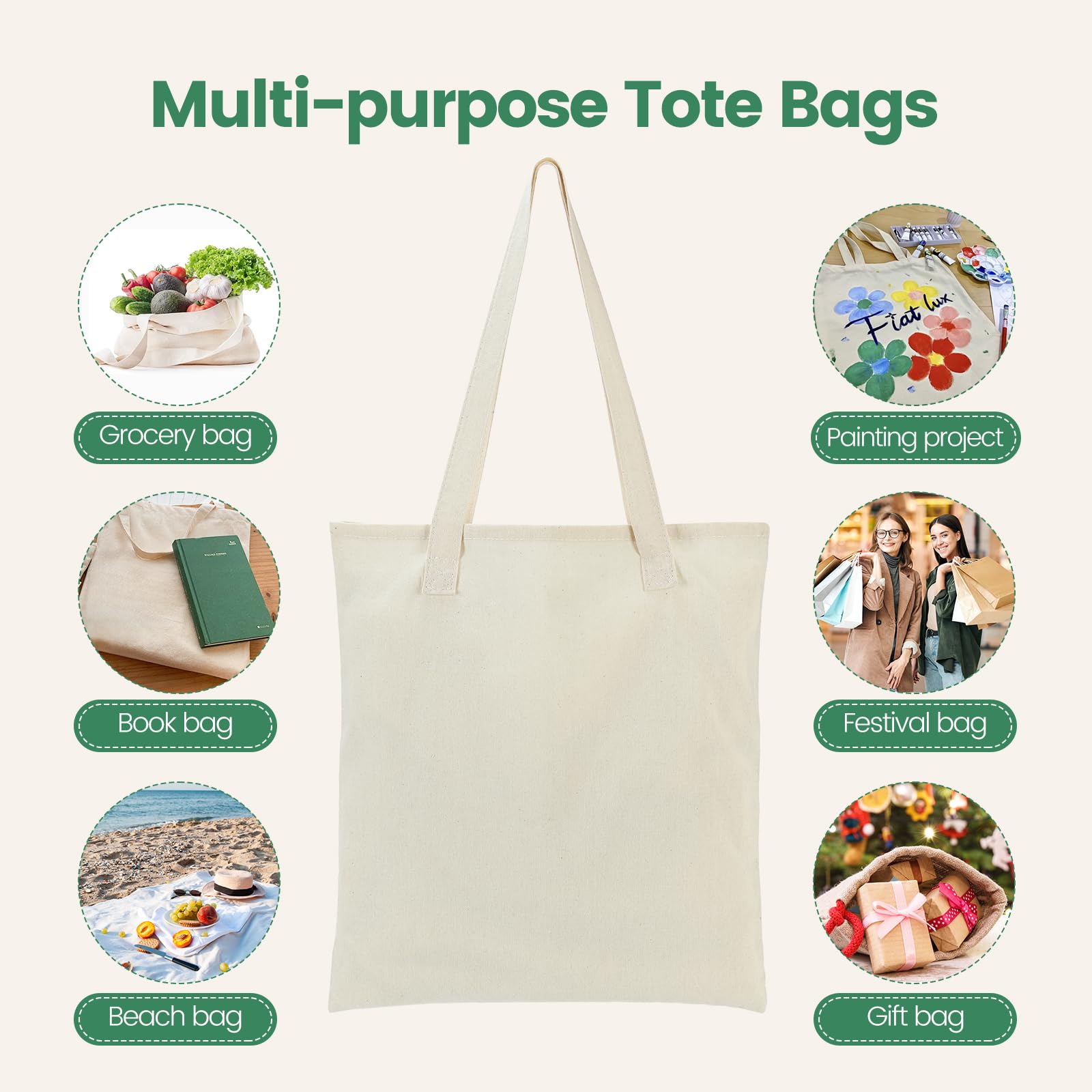 12 Pack Canvas Tote Bags Bulk - Lightweight Reusable Grocery Shopping Bags for Women & Men, DIY Sublimation Blank Gift Bags - Perfect for Grocery Shopping, Beach Trips, Gym & Work (Beige)