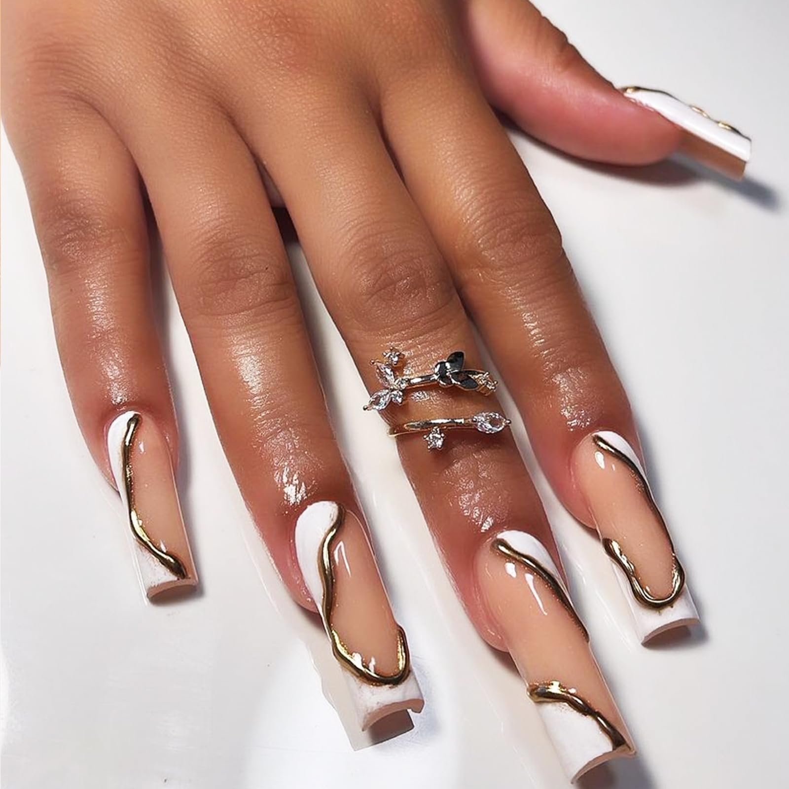 24 Pcs Long Square Press-on Nails - Golden & White Nude French Tip False Nails with Glossy Finish | Full Cover Glue-on Artificial Nails for Parties, Weddings & Everyday Wear