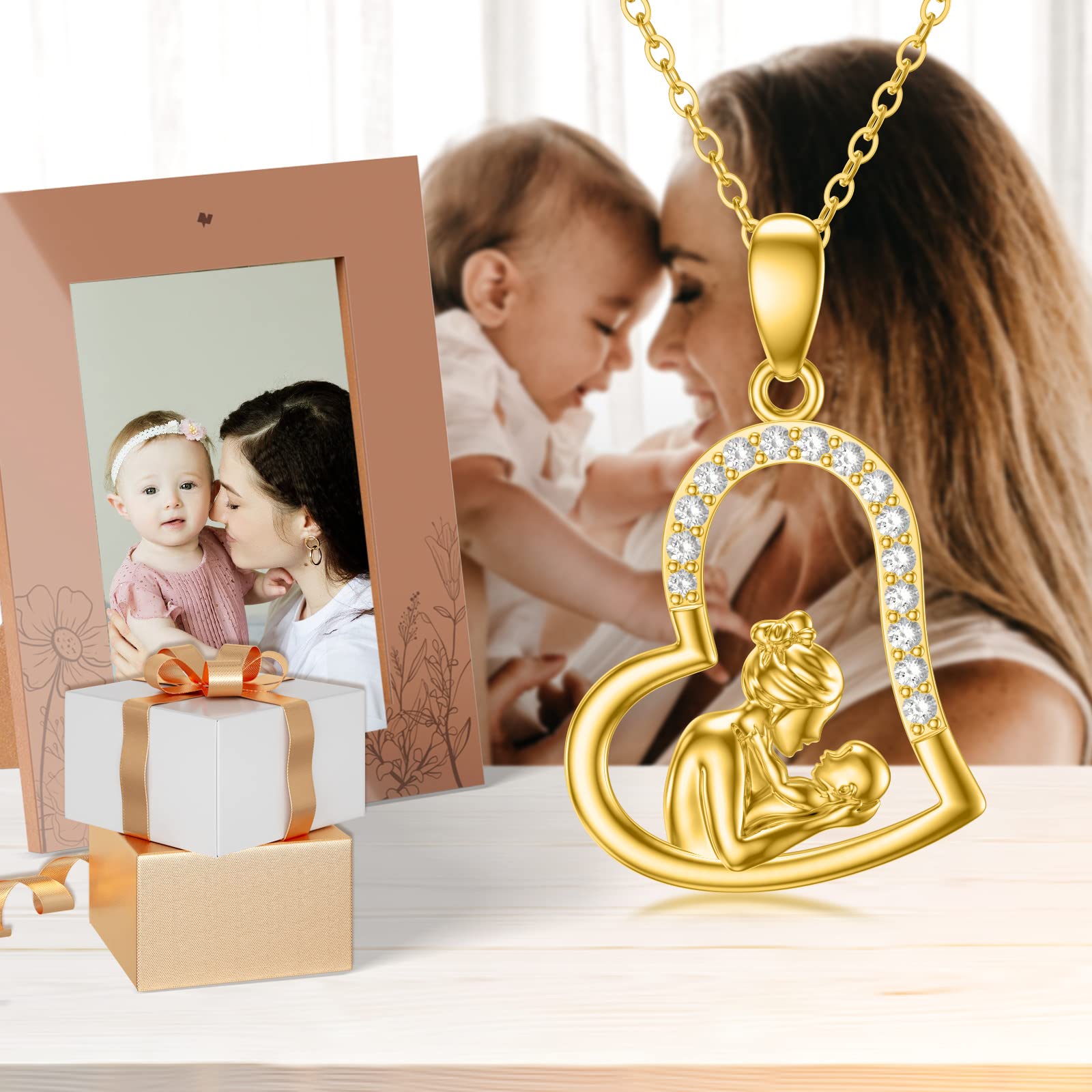 14K Solid Gold Mom Necklace for Women - Heart Pendant Mother Daughter Jewelry Gift for Mother's Day, Birthday & Anniversary | Elegant Everyday Wear & Special Occasion Gift