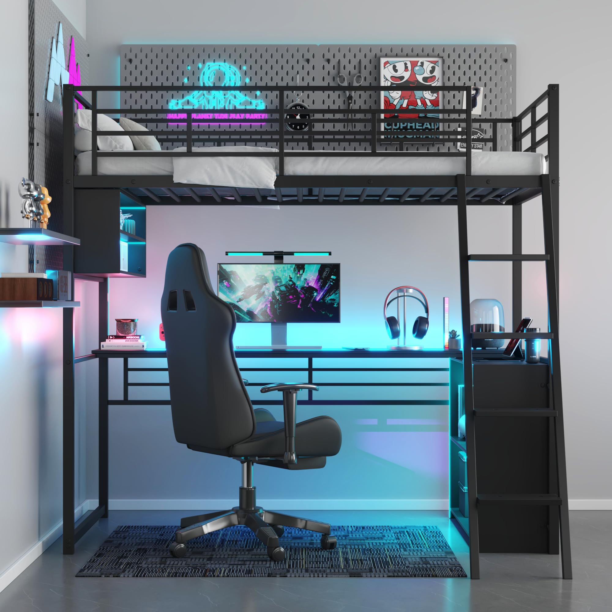 LZ LEISURE ZONE Twin Size Loft Bed with Desk - Sturdy Metal Frame, Built-in LED Lights & 4 Storage Shelves (Black) | Space-Saving Solution for Small Bedrooms, Dorms & Kids Rooms