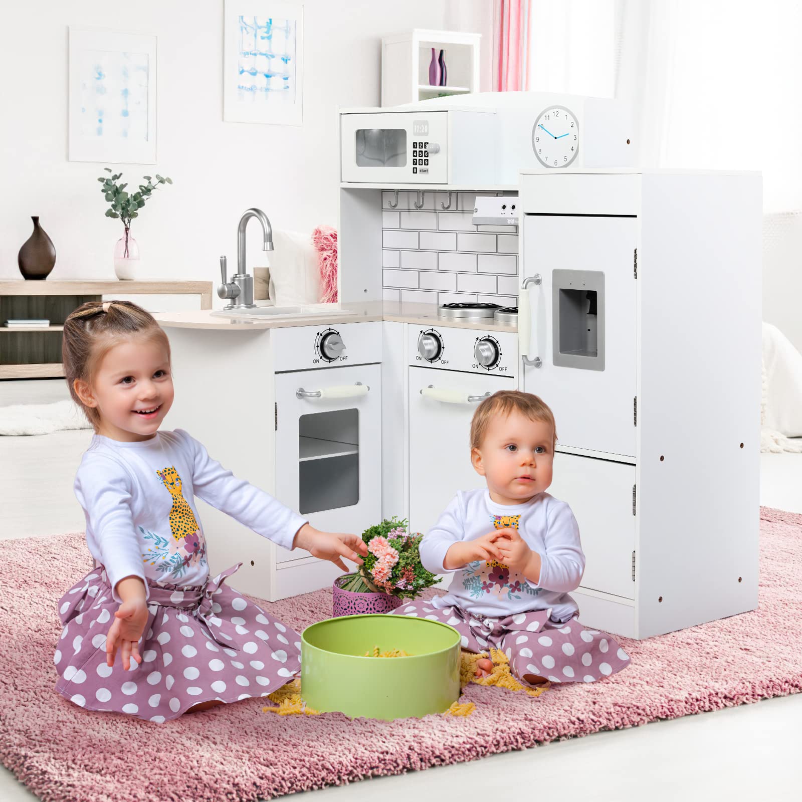Wooden Pretend Play Kitchen Set for Toddlers & Kids - White Corner Play Kitchen Toy for Girls & Boys - Fun Cooking Role Play for Early Learning & Imagination Development - Perfect for Home, Preschool & Daycare Playrooms