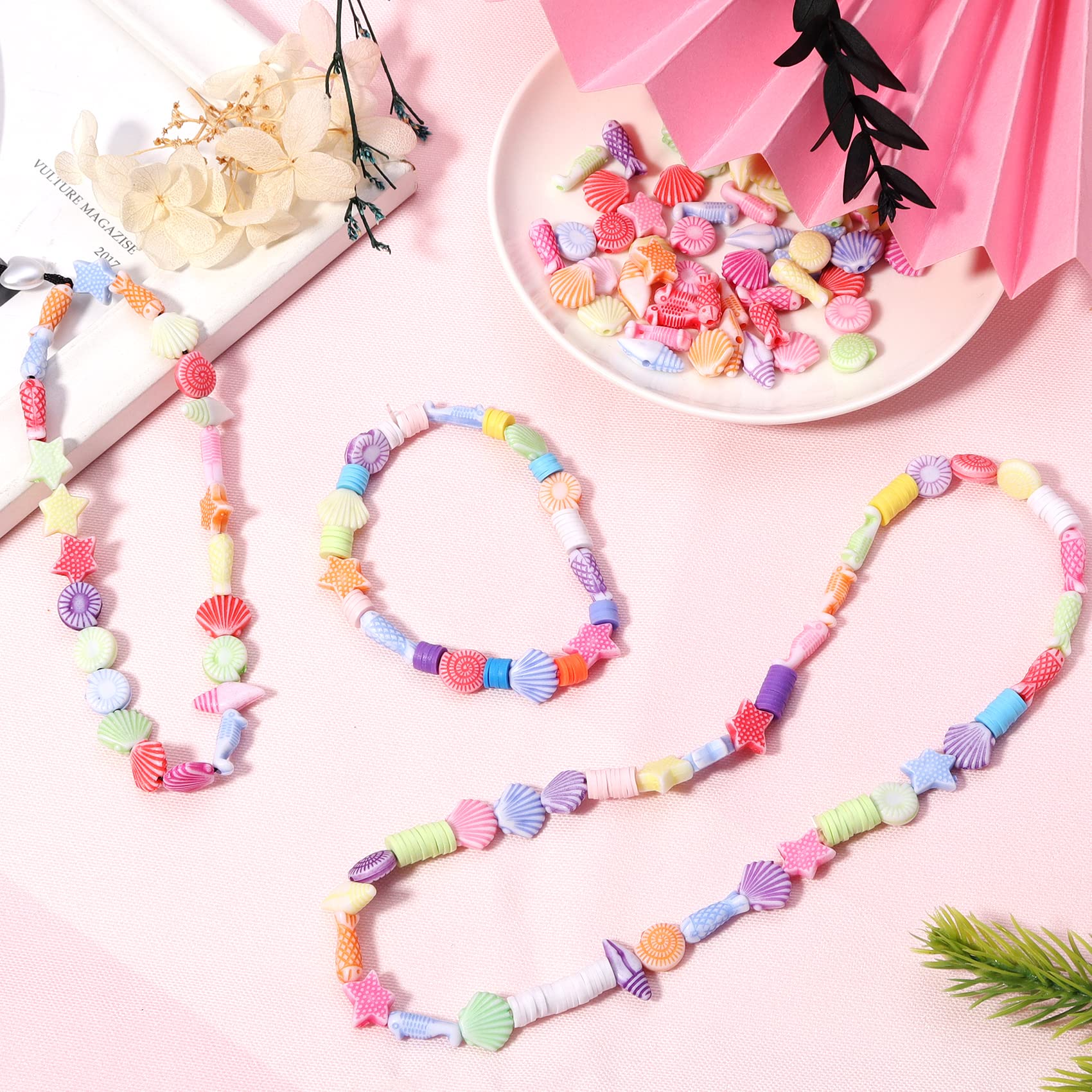 200pcs Acrylic Beads Mixed Shells Starfish Scallops - Marine Organism Spacer Beads for DIY Jewelry Making, Bracelets, Necklaces - Perfect for Beach Theme Crafts, Party Favors, and Home Decor