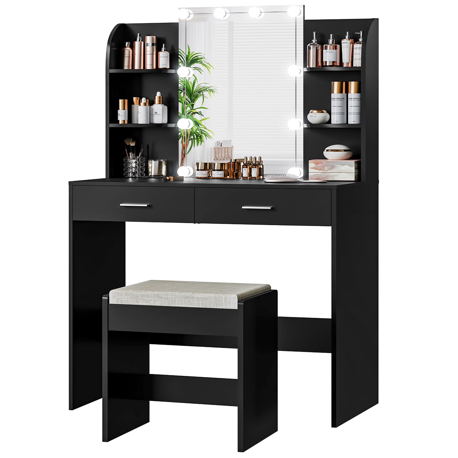 USIKEY Vanity Desk with Mirror & LED Lights - Makeup Dressing Table with 2 Large Drawers, 6 Storage Shelves & Stool - Adjustable 3-Color Lighting - Perfect for Bedroom, Dorm Room or Beauty Salon (Black)