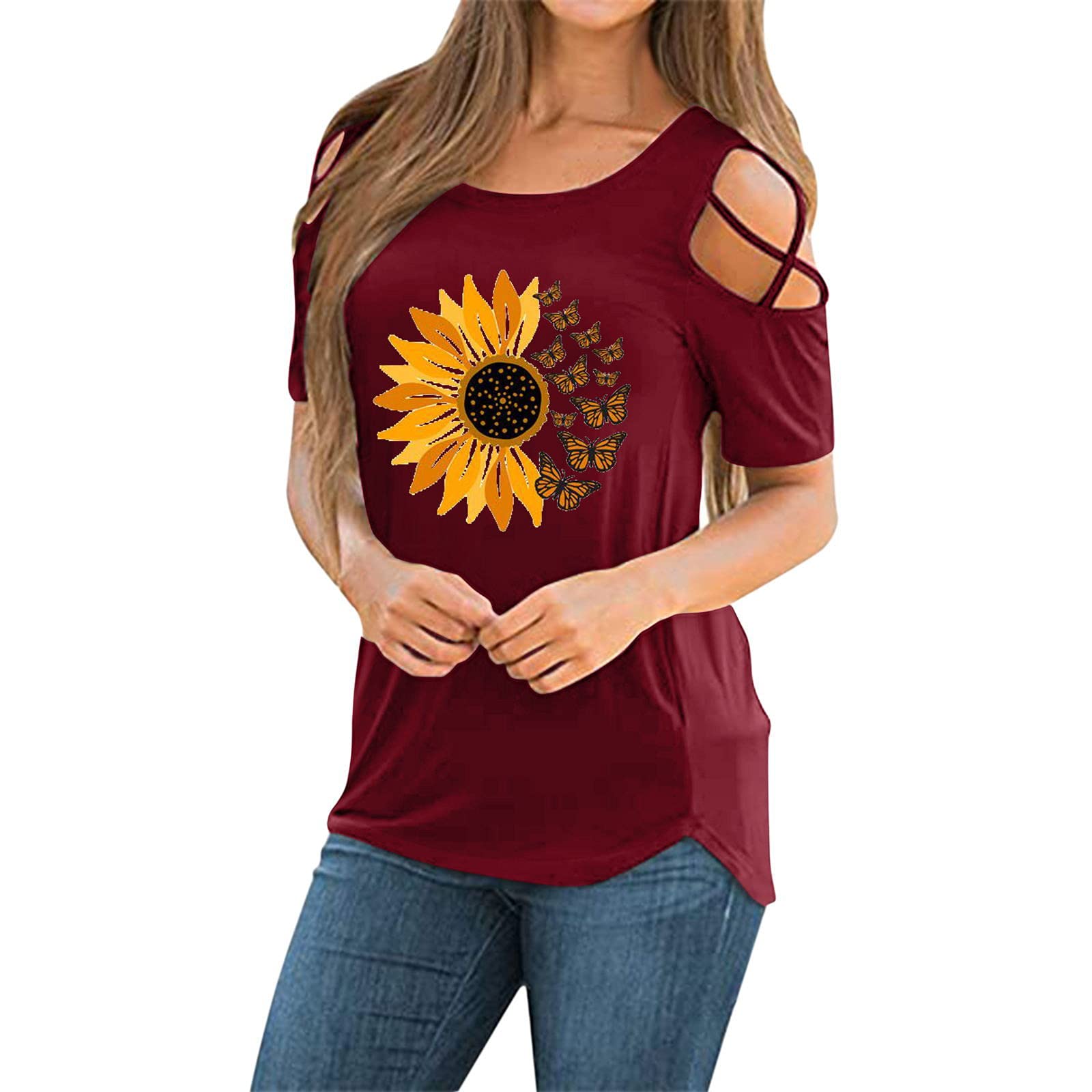 Women's Short Sleeve Summer T-Shirts - American Flag Patriotic 4th of July Shirts & Sunflower Graphic Tees with Strappy Cold Shoulder Design | Perfect for Independence Day Celebrations, Beach Outings, and Casual Summer Wear
