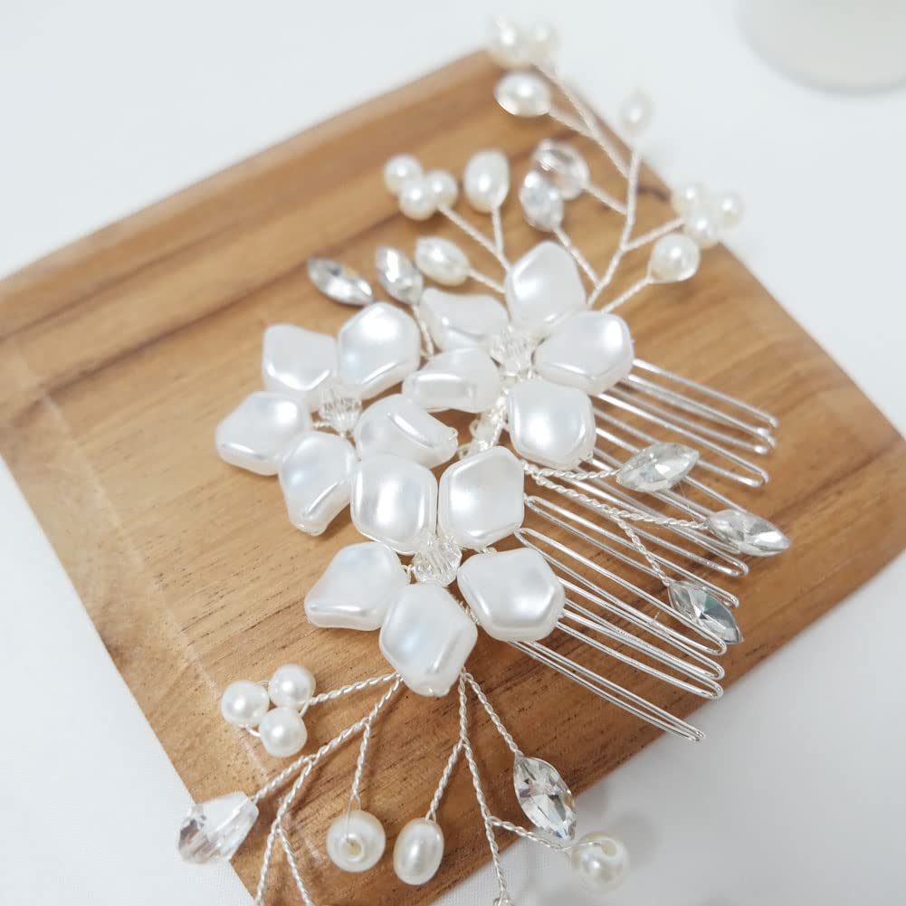 Elegant Pearl Rhinestone Silver Crystal Flower Leaf Vine Hair Comb Clip - Bridal Wedding Hair Accessories for Women & Girls | Perfect for Bridesmaids, Prom, and Special Occasions