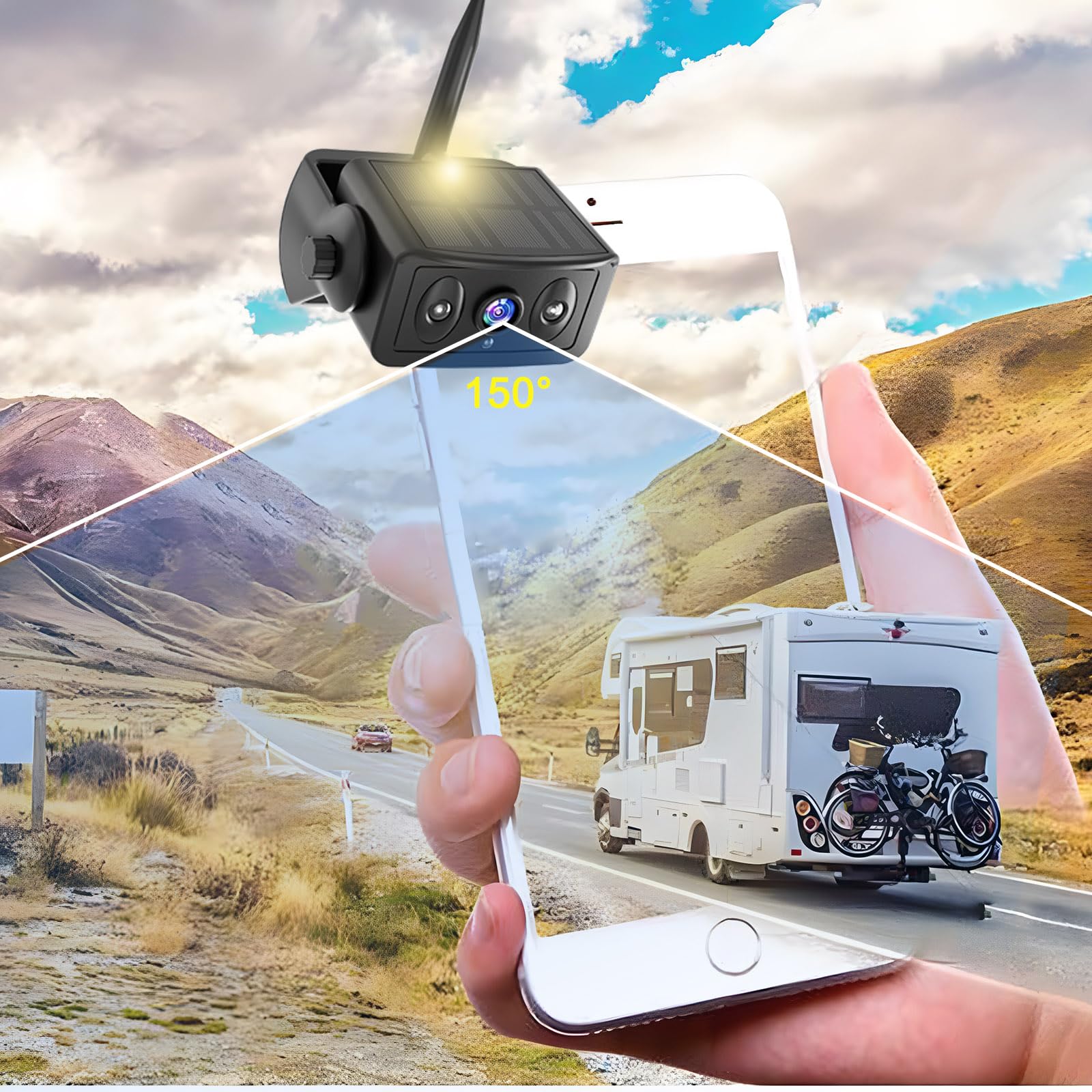 Solar-Powered Wireless Backup Camera for RV, Truck, Camper & Trailer - Magnetic Mount, No Wiring/Drilling, HD Night Vision, Waterproof, Low Power - Compatible with iPhone & Android - Perfect for Parking, Reversing & Towing in Low Light Conditions