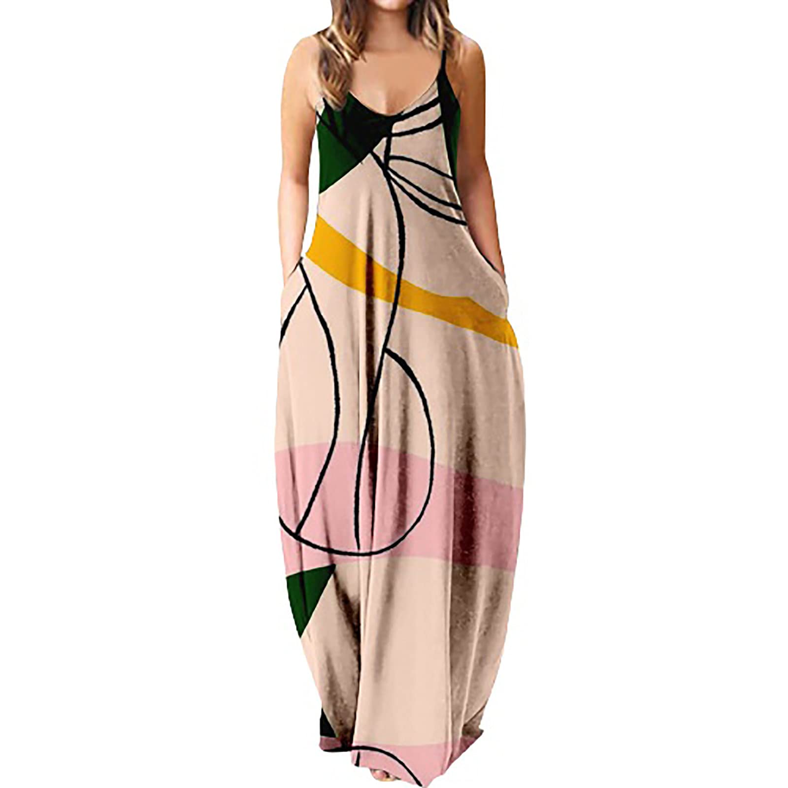 Women's Plus Size Summer Maxi Dress - Casual Loose Fit Floral Print Sleeveless O-Neck Long Dress with Pockets | Perfect for Beach Vacation, Outdoor Picnic & Summer Parties