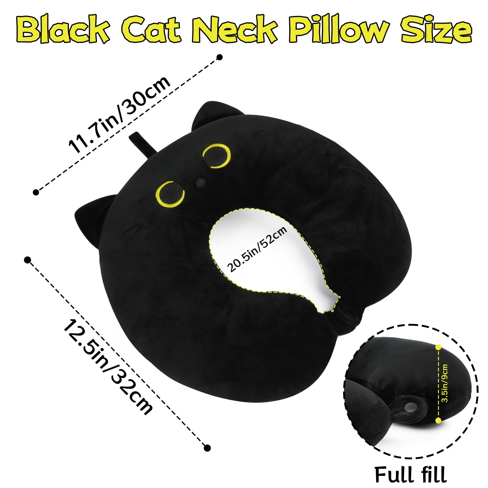Black Cat Cartoon Kids Travel Pillow - Soft U-Shaped Neck Support for Boys & Girls - Airplane, Car, Long Trips & Home Use