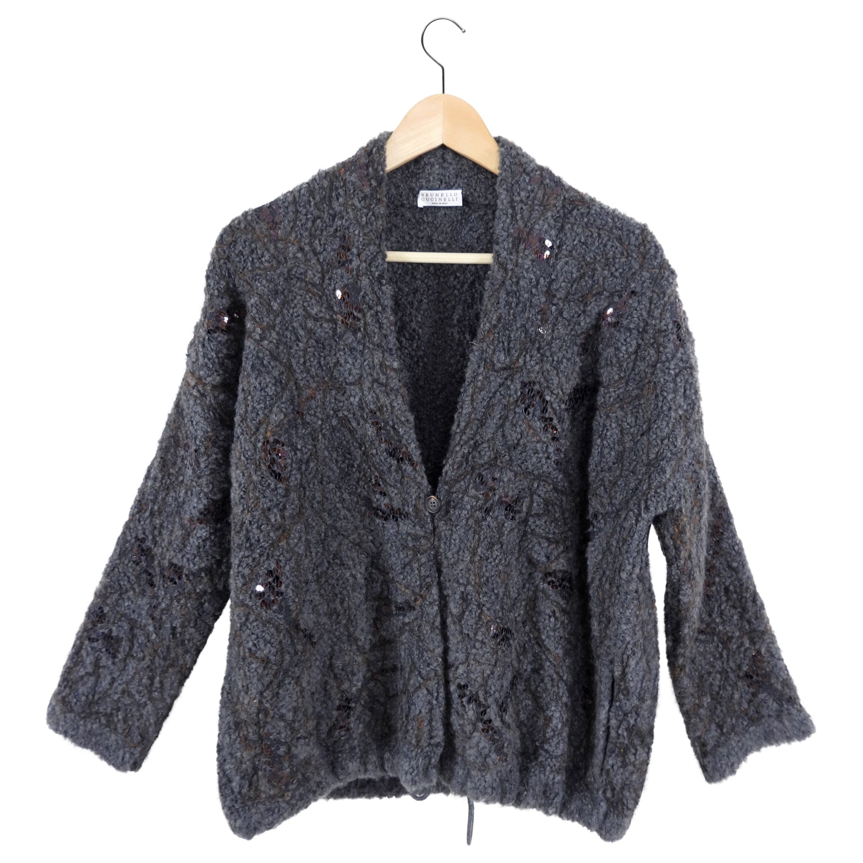 Brunello Cucinelli Grey Chunky Sequin Knit Cardigan Sweater for Women - XS/S Size - Perfect for Fall Layering & Evening Outfits