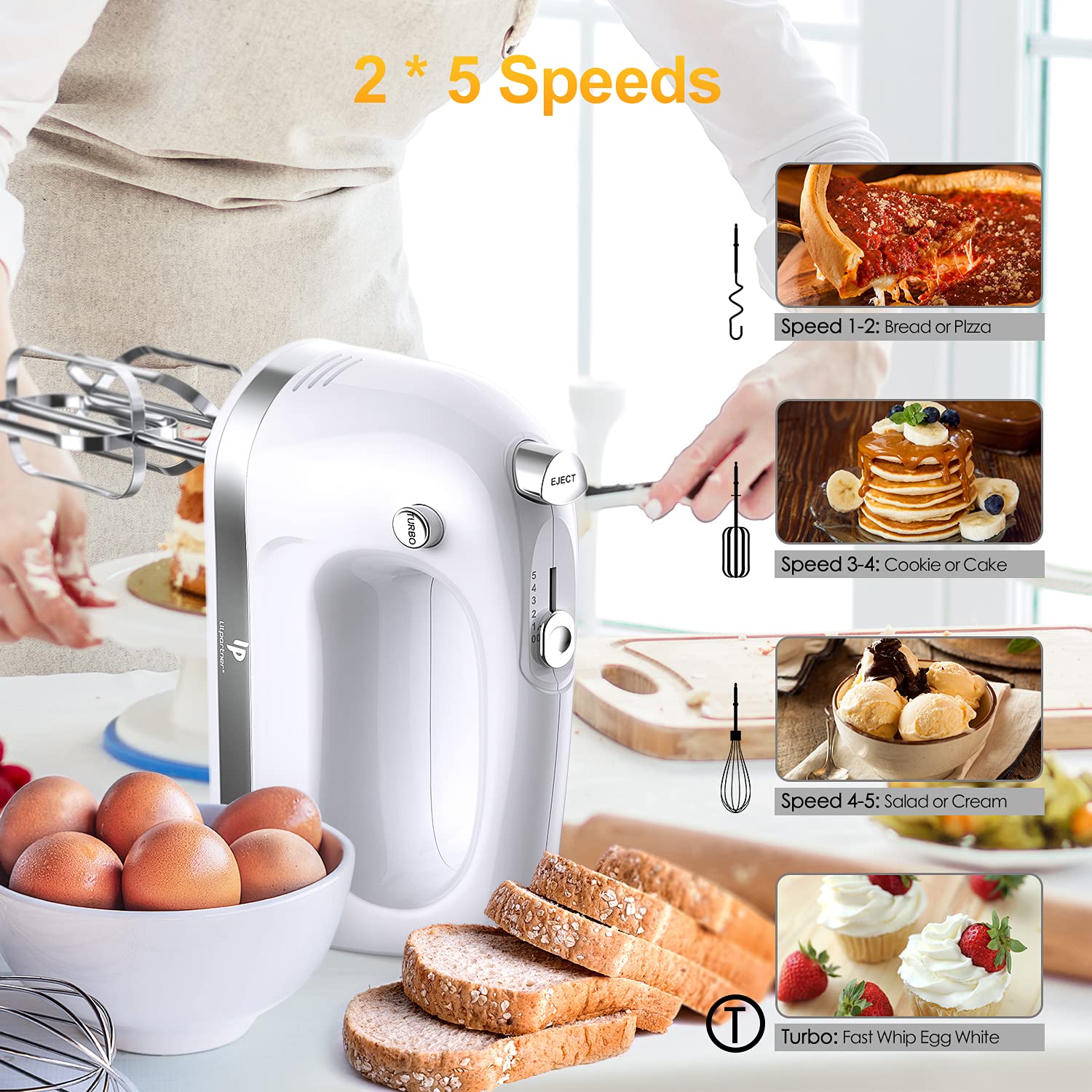 400W Electric Hand Mixer - 5 Speed Handheld Blender with 5 Stainless Steel Attachments & Storage Box - Kitchen Mixer for Baking, Whipping Cream, Cookies (Dishwasher Safe, White) - Perfect for Home Baking, Cake Decorating & Holiday Cooking