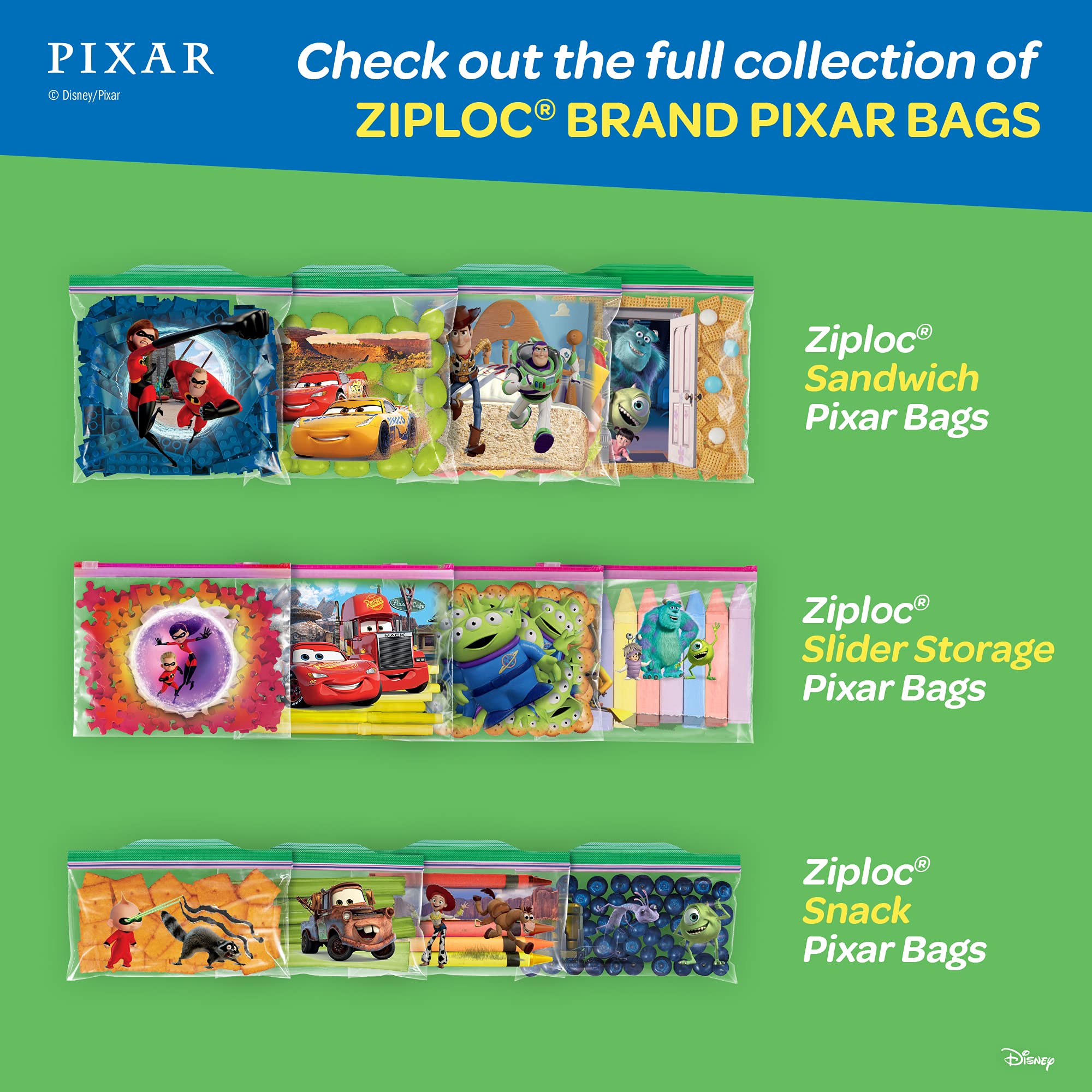 Pixar Themed Ziploc Sandwich Bags - 66 Count Plastic Storage Bags with Grip 'N Seal Technology for Lunches, Snacks & Food Storage - Perfect for School, Work & Picnics