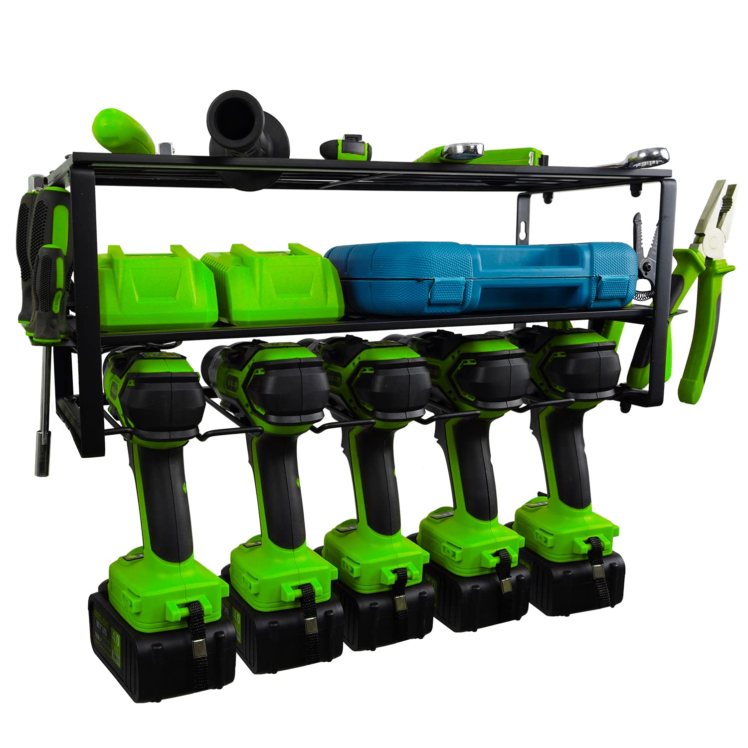 Heavy Duty Metal Power Tool Organizer - Wall Mount Drill Charging Station with 5 Drill Holders | Garage & Workshop Storage Solution for Cordless Drills, Screwdrivers & Power Tools