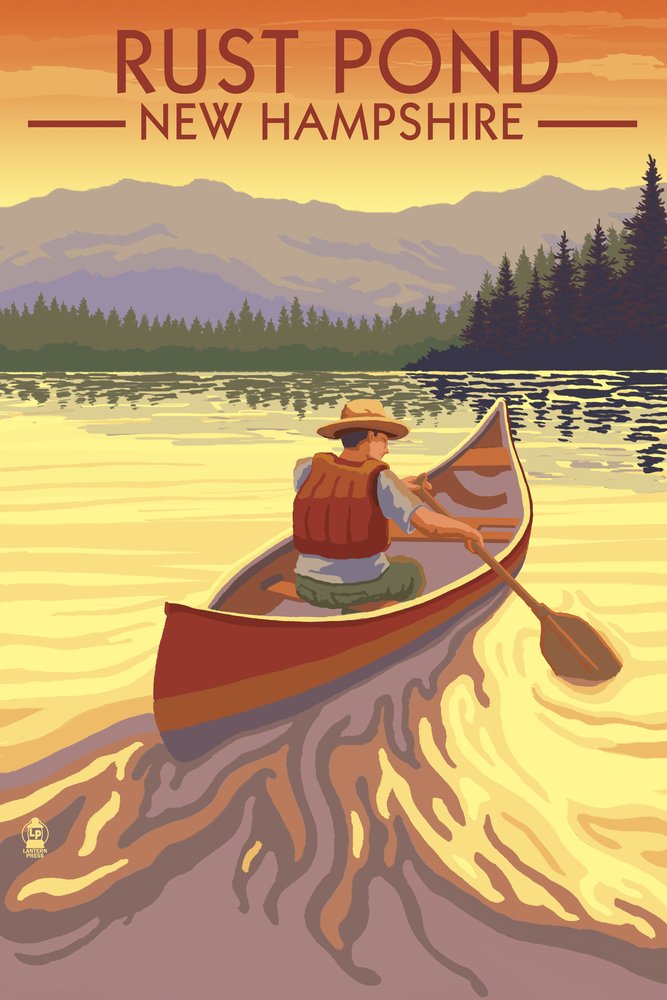 Rust Pond New Hampshire Canoe Scene - 12x18 Wall Art Poster for Home & Office Decor - Perfect for Living Room, Bedroom, or Cabin Wall Decor