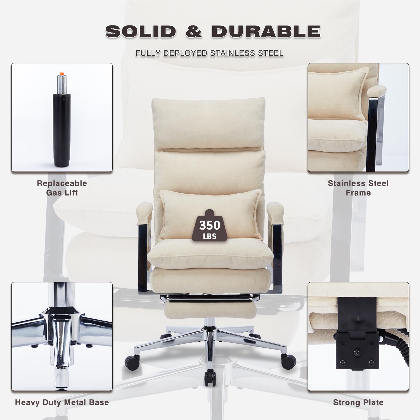 Big and Tall Ergonomic Office Chair with Footrest - High Back Reclining Computer Chair with Lumbar Support & Spring Cushion - Chenille Fabric Executive Chair for Home Office - Perfect for Long Work Hours & Gaming Sessions (Beige)