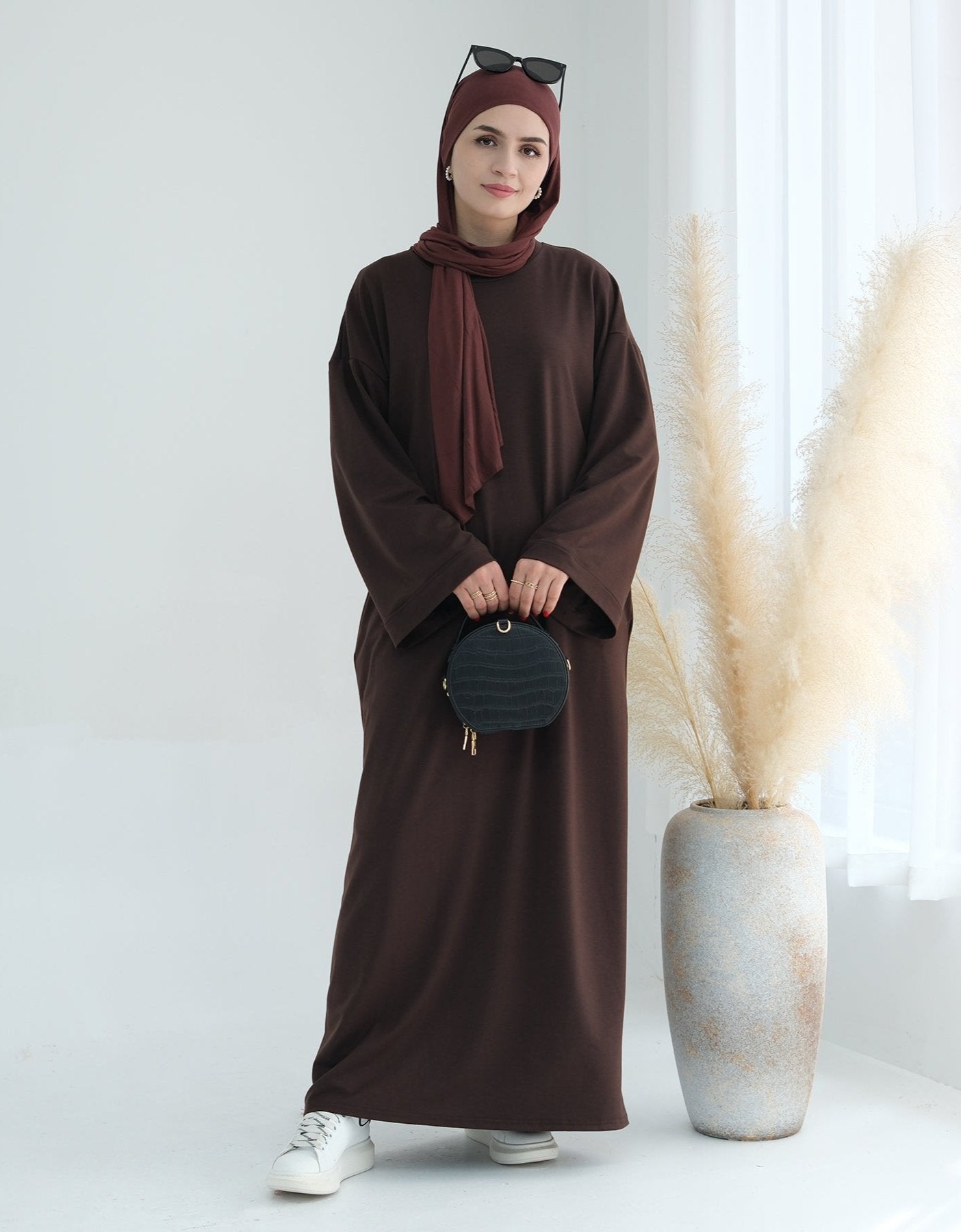 Ava Knit Maxi Dress in Coffee - Elegant Long Sleeve Flowy Dress for Women, Perfect for Fall/Winter, Date Nights, and Special Occasions