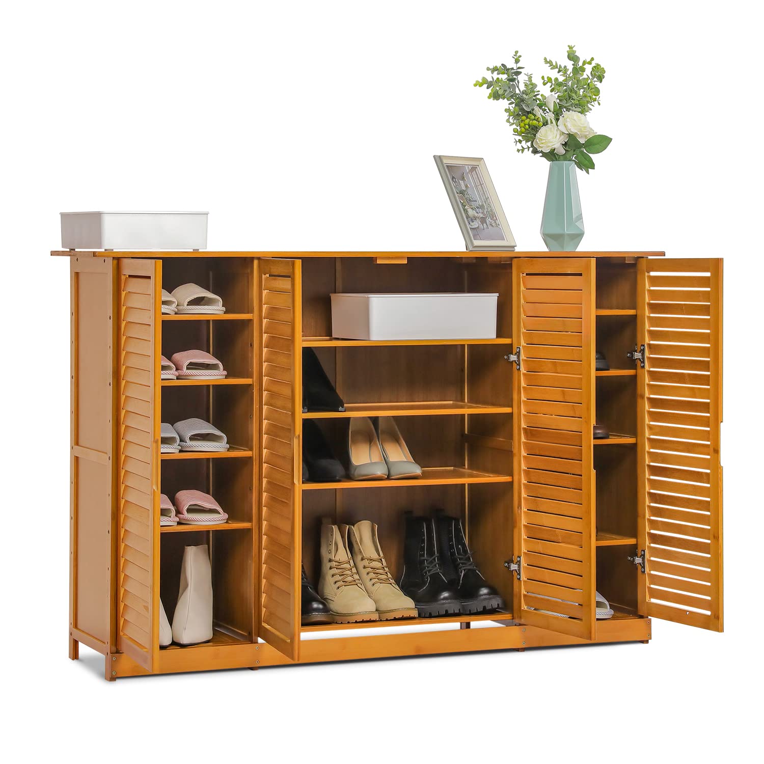 MoNiBloom Bamboo Shoe Storage Cabinet with 2 Double Shutter Doors - Holds 31-35 Pairs of Shoes - Entryway, Hallway & Bedroom Organizer - Space Saving Floor Shelf Stand - Natural Brown | Perfect for Small Spaces & Closet Organization