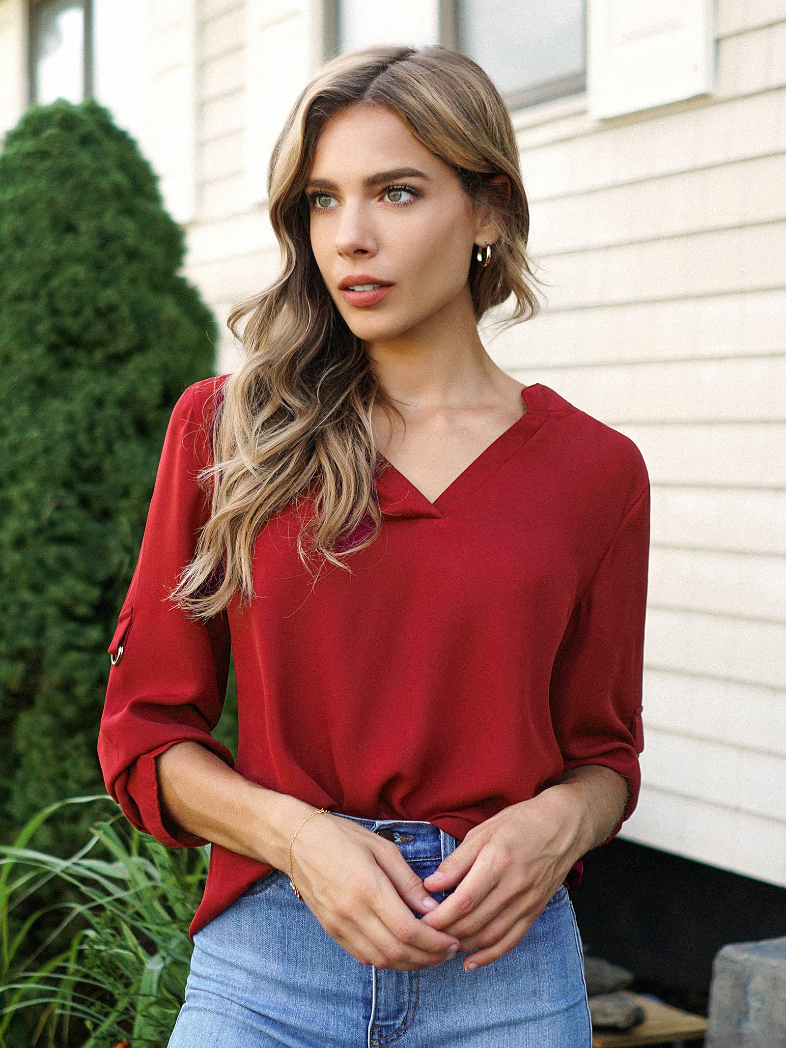 Roswear Women's Chiffon V-Neck Blouse - Business Casual Work Top with Cuffed Sleeves | Office Wear, Professional Attire & Formal Occasions