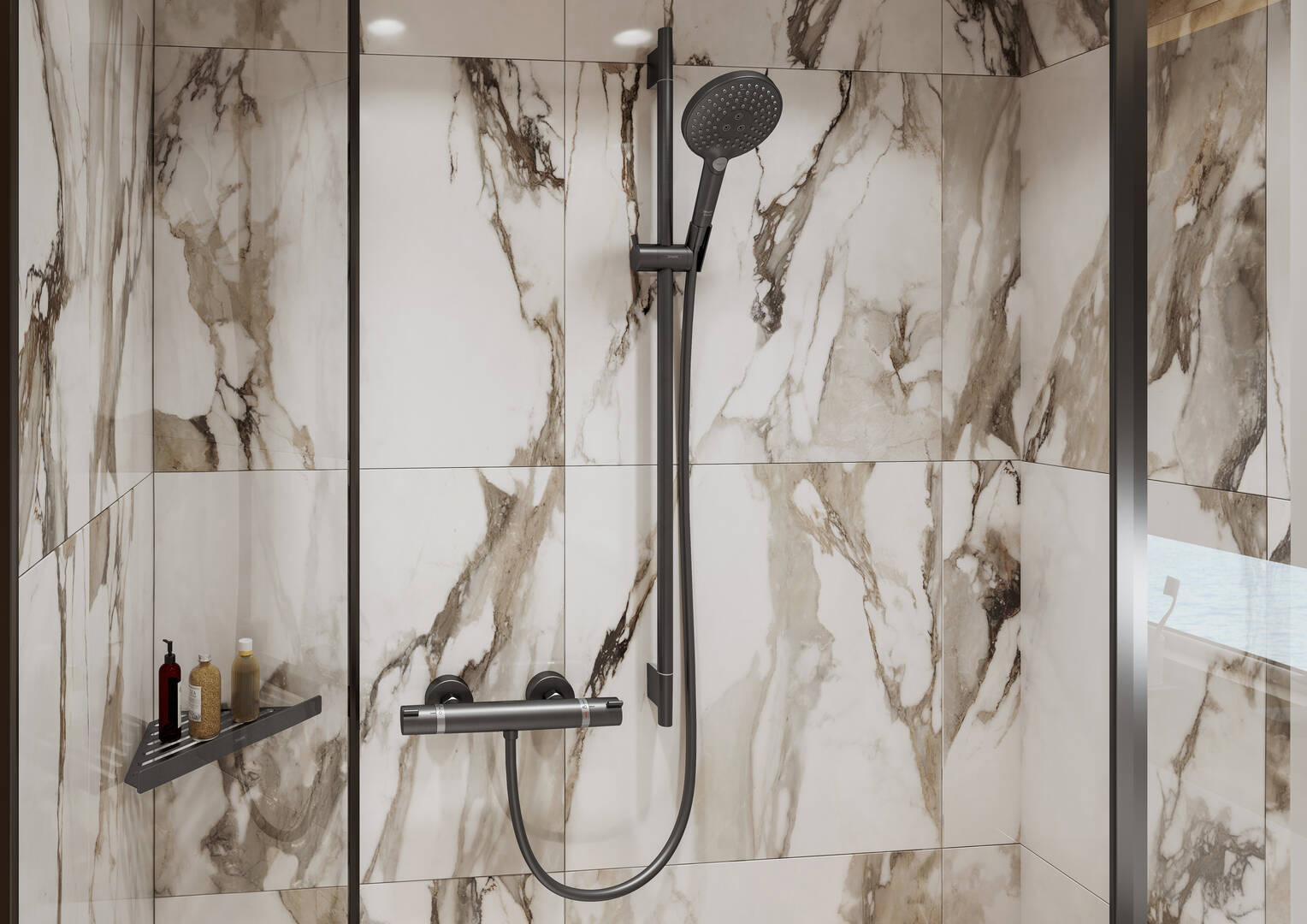 Hansgrohe AddStoris Corner Basket in Brushed Black Chrome (41741340) - Space-Saving Bathroom Storage for Shampoo, Soap & Essentials
