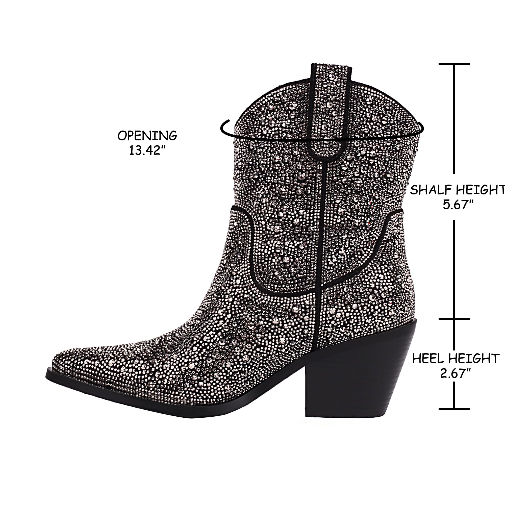 Vivianly Rhinestone Cowboy Boots for Women - Western Glitter Ankle Boots, Cowgirl Boots with Sparkling Diamonds | Pointed Toe & Chunky Heel Mid Calf Boots | Perfect for Country Concerts, Line Dancing & Western Fashion