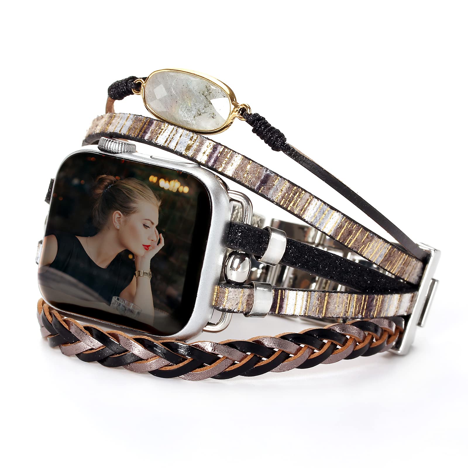 Boho Leather Apple Watch Band Compatible with Series 10/9/8/7/6/SE/Ultra 2/5/4/3/2/1 - Adjustable Wrap Strap for 38mm 40mm 41mm 42mm 44mm 45mm 46mm 49mm - Fashionable Unisex Bracelet for Workout, Office & Casual Wear