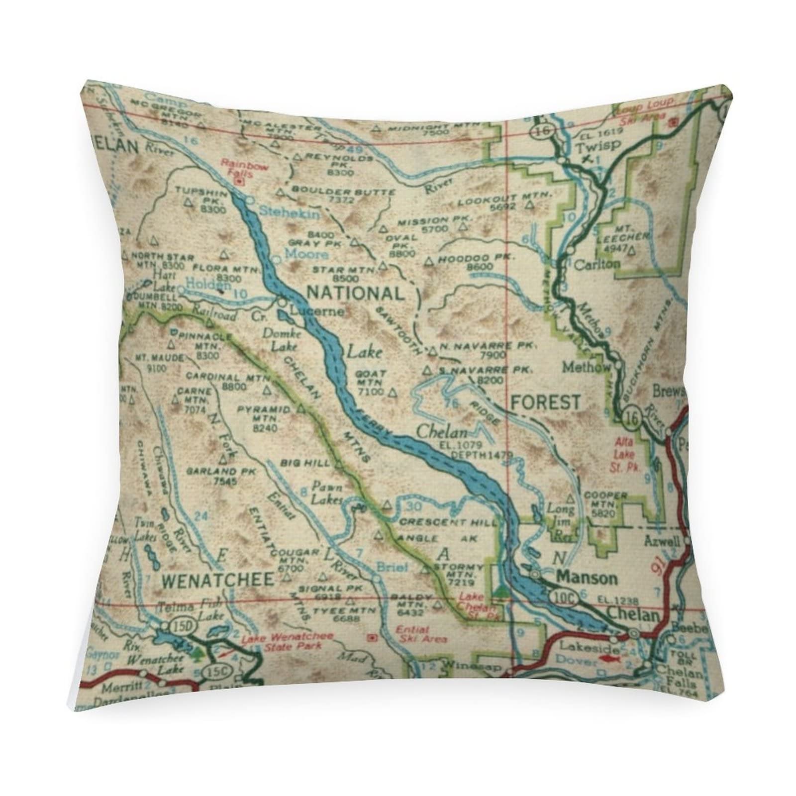 Lake Chelan Washington Map Outdoor Throw Pillow Covers - Waterproof 18x18 Inch Farmhouse Modern Decorative Pillowcase for Couch, Bench & Patio - Perfect for Home Decor, Living Room Accent & Outdoor Seating Areas