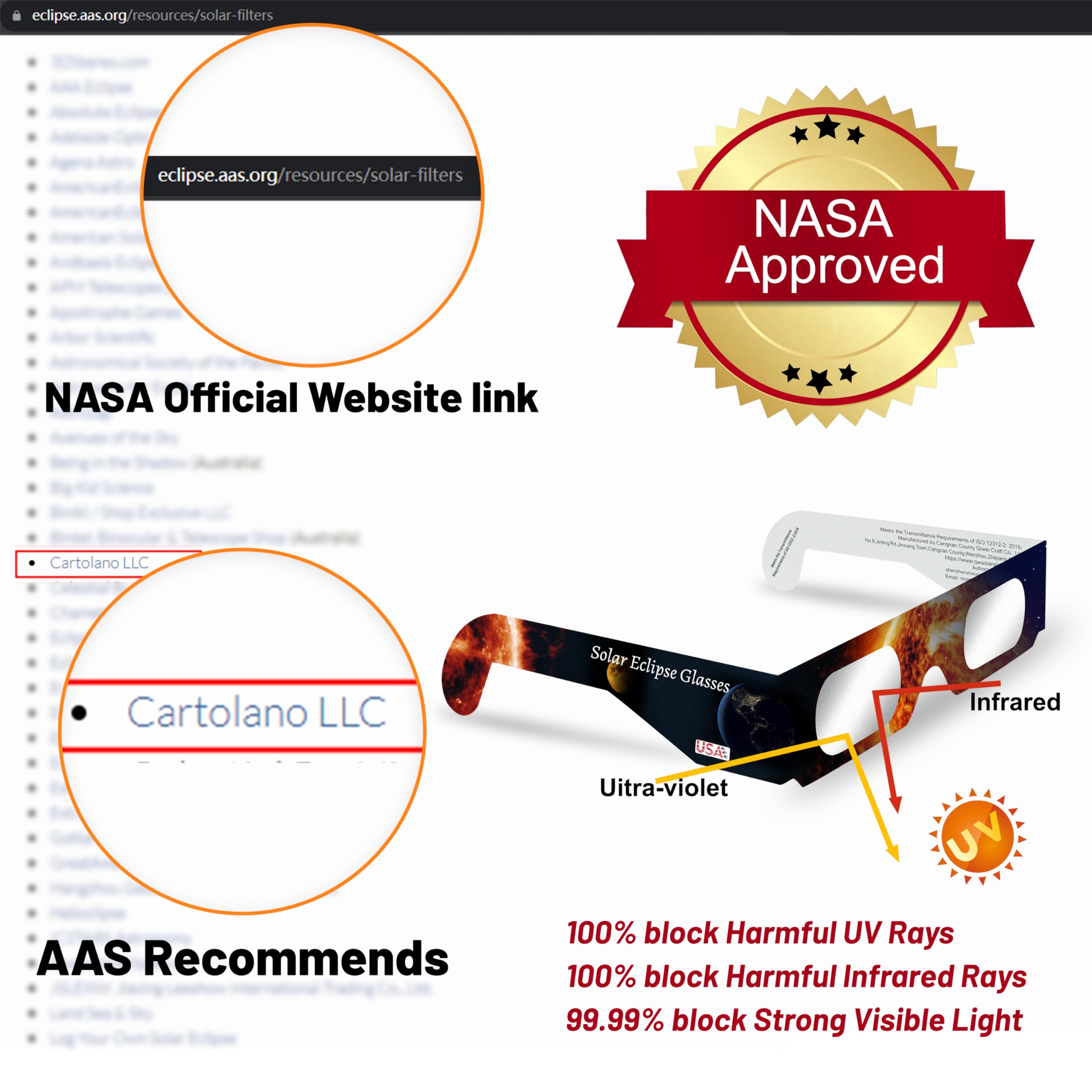 AAS Approved 2024 Solar Eclipse Glasses - ISO 12312-2:2015(E) & CE Certified Safe Shades for Direct Sun Viewing - 100 Pack - Perfect for Solar Eclipses, Astronomy Events & Outdoor Sun Observation