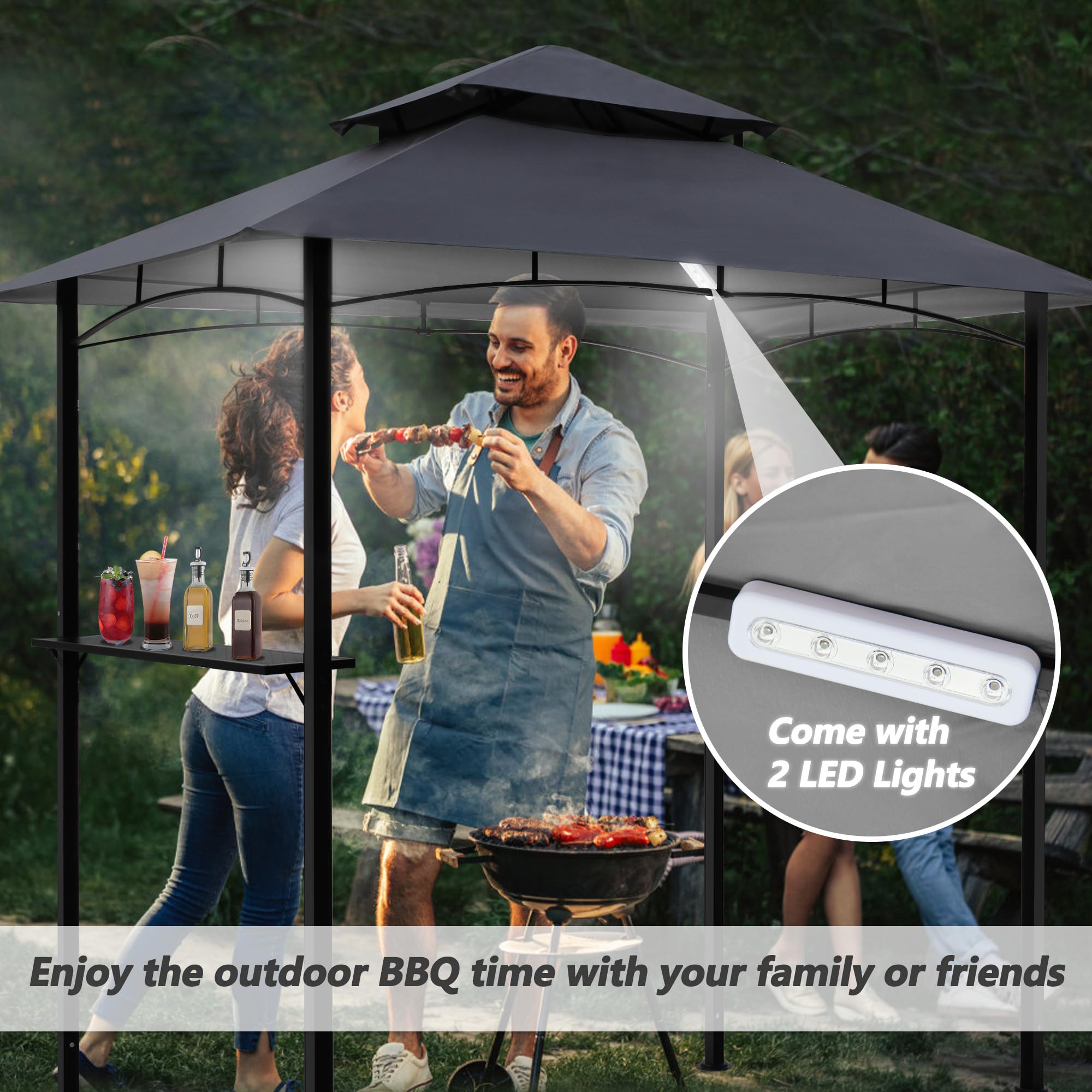 8'x 5' Outdoor BBQ Grill Gazebo with LED Lights - Waterproof Patio Canopy Shelter for Backyard, Garden & Camping (Grey) - Perfect for Summer Cookouts, Parties & Outdoor Dining