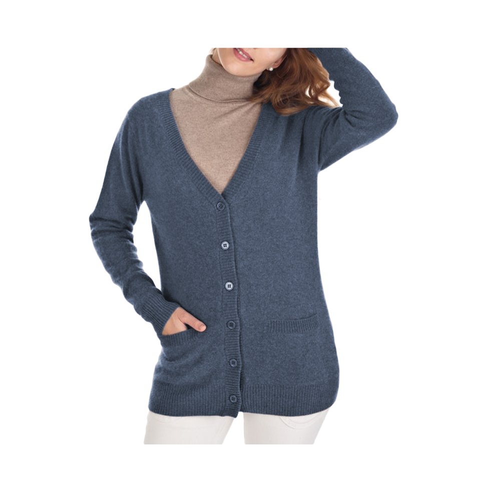 Parisbonbon Women's 100% Cashmere V-Neck Cardigan Sweater - Soft & Warm Winter Knitwear, Denim Blue, Plus Size 2X - Perfect for Office, Date Night & Casual Outfits