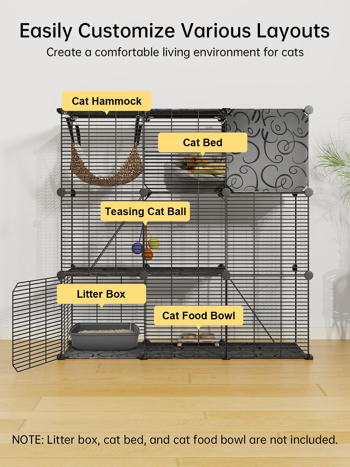3-Tier Indoor Cat Cage with Toy Ball & Hammock - Large Cat Enclosure for 2-3 Cats, DIY Detachable Metal Wire Playpen for Ferrets, Squirrels & Small Pets - Perfect for Home, Apartment & Pet Play Areas