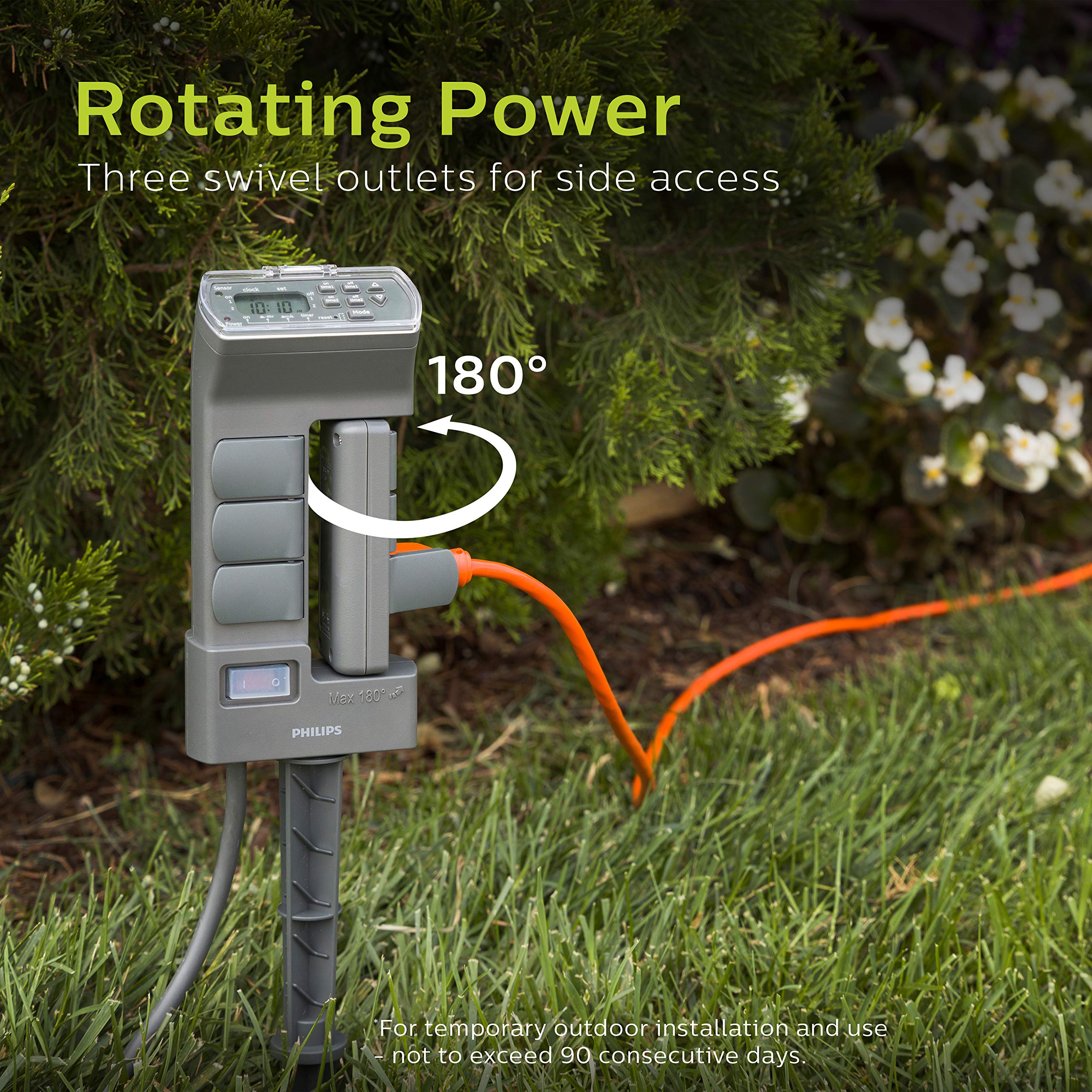 Philips Outdoor Digital Stake Timer with 6 Grounded Outlets - Light Sensing Power Timer for Gardens & Landscaping - Custom ON/OFF Settings, Weatherproof & Rotating Design - Perfect for Holiday Lights, Fountain Pumps & Outdoor Decor (Green, Model SPC1236AT/27)