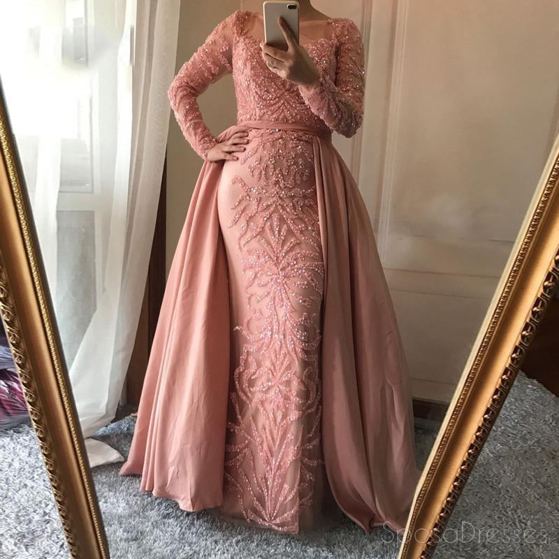 Elegant Long Sleeve Sheer Beaded Dusty Pink Evening Prom Dress - 2018 Popular Party Gown for Formal Events & Special Occasions