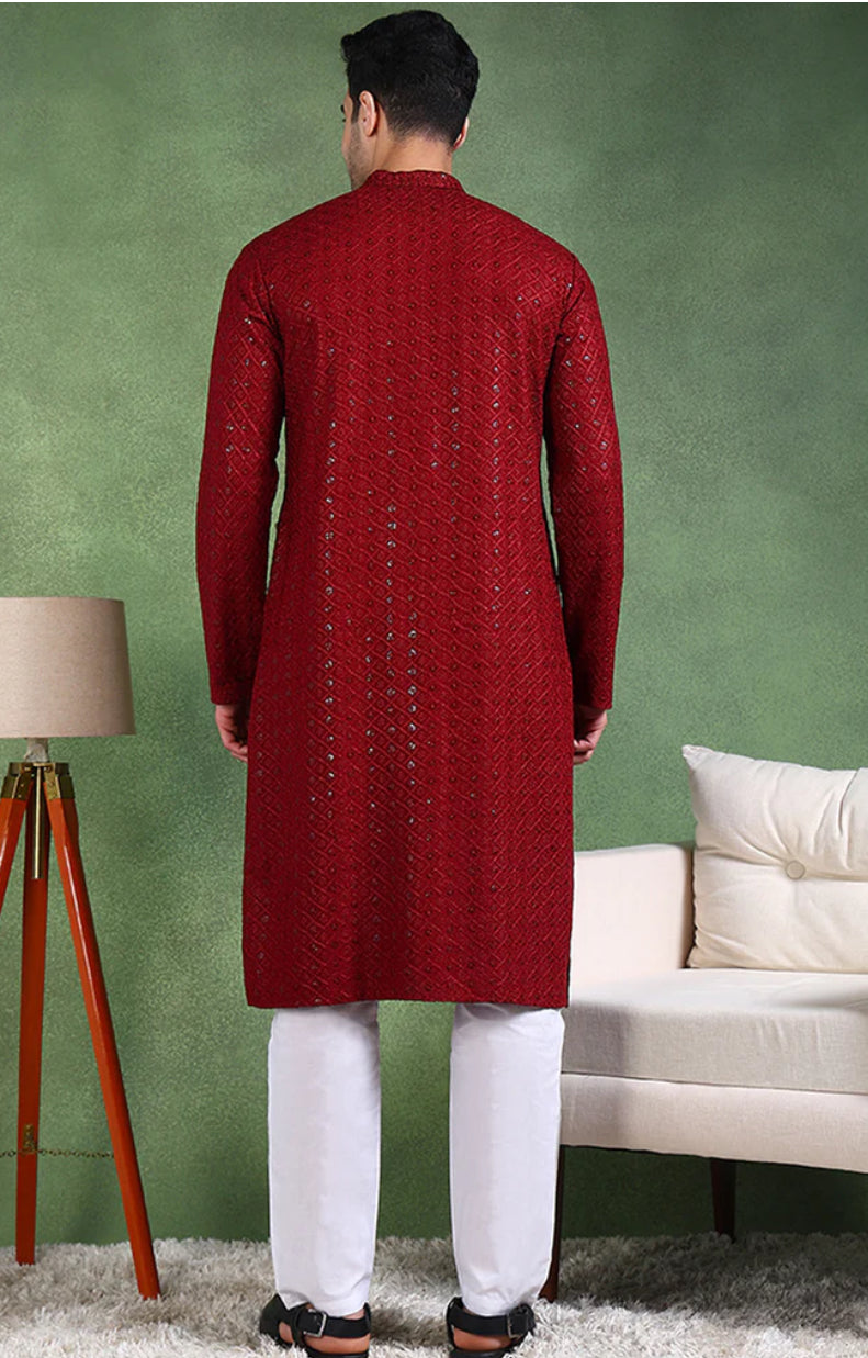 Elegant Chikankari Kurta for Men - Stylish Maroon Embroidered Tunic for Casual Wear & Festive Occasions