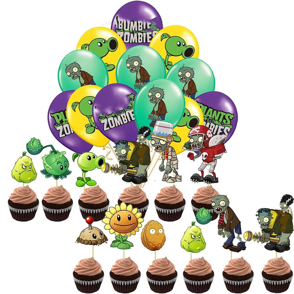 24-Piece Plant vs Zombie Party Decorations Set - 12 Cupcake Toppers & 12 Latex Balloons - Birthday Cake Decor, Themed Party Supplies for Kids Birthday Celebrations & Game Night Decorations