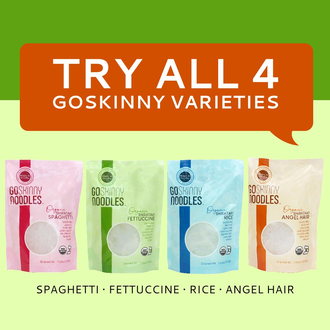 GoSkinny Organic Shirataki & Konjac Noodles Combo Pack (12) - Low Carb, Gluten Free, Keto, Vegan Pasta - Spaghetti, Fettuccine & Rice Varieties - Ready in Minutes for Healthy Meals & Weight Loss Diets