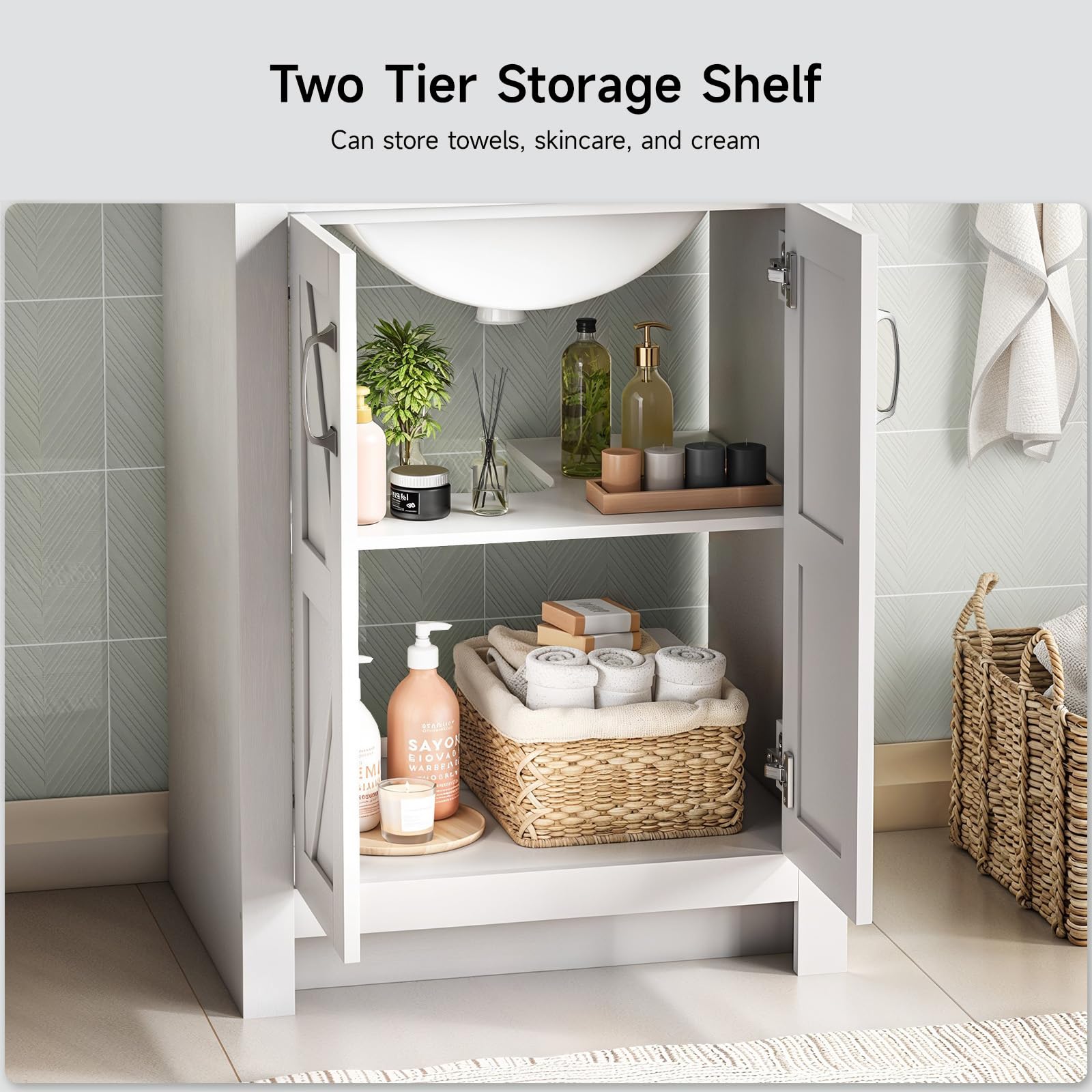 24 Inch Modern Bathroom Vanity with Ceramic Sink - 2 Door 2 Tier Storage Cabinet, Thickened Wood Construction - Perfect for Small Bathrooms, Powder Rooms & Guest Baths
