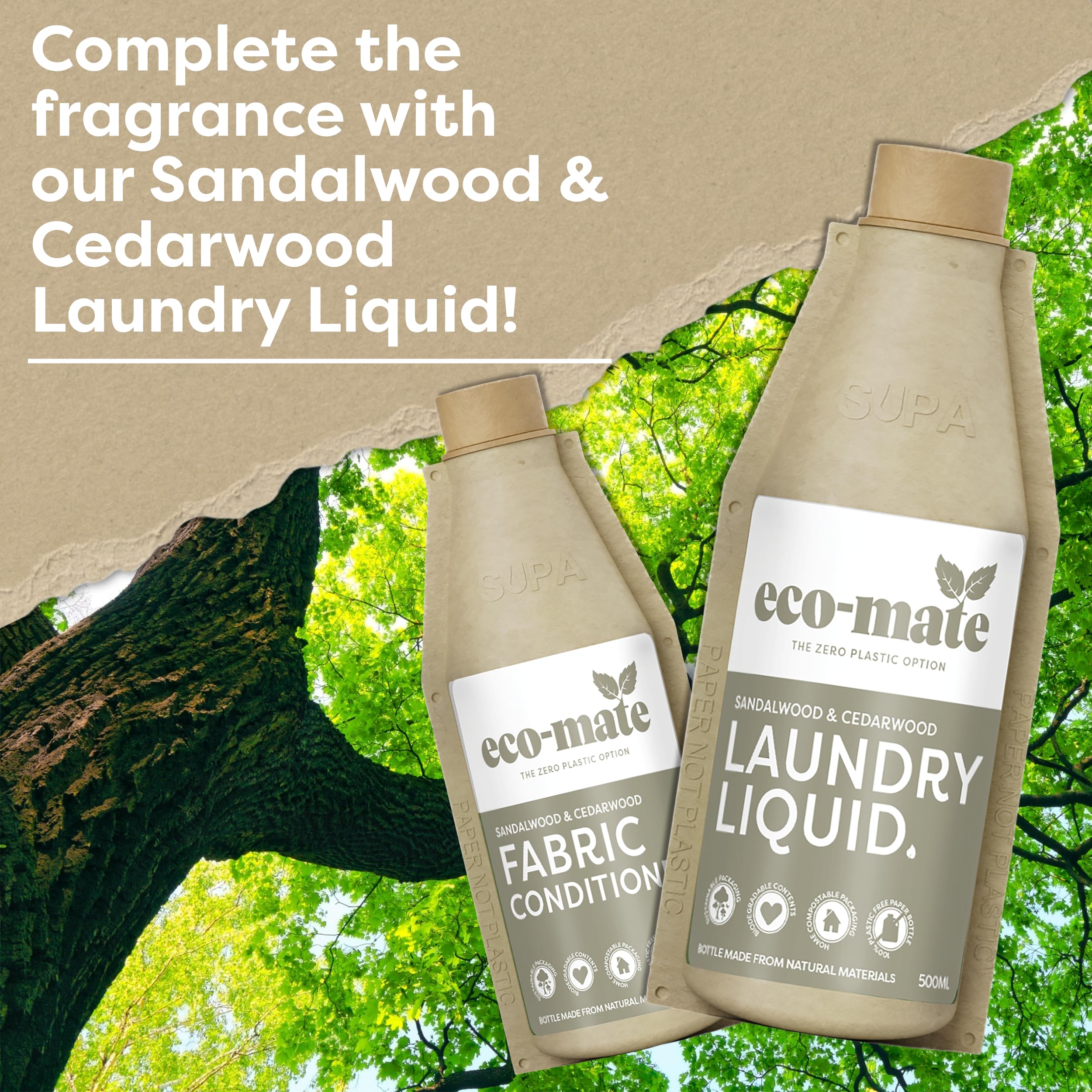 Eco-Mate Natural Sandalwood & Cedarwood Fabric Softener - 500ml Plant-Based Biodegradable Concentrated Liquid Conditioner - Eco Friendly Hypoallergenic Laundry Solution for Sensitive Skin - Perfect for Baby Clothes, Bedding & Towels