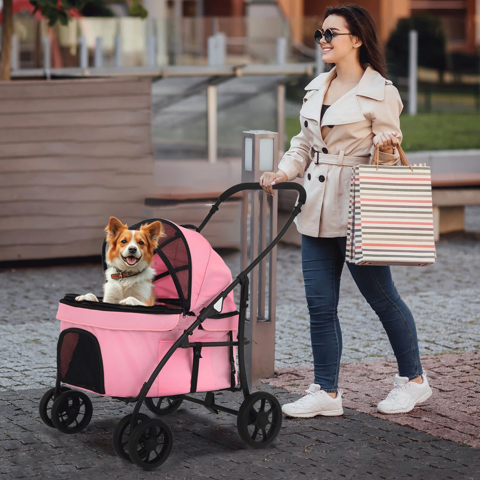 MoNiBloom 4-Wheel Folding Pet Stroller for Large Dogs up to 45lbs - 3 Entry Dog Carrier with Breathable Mesh, Travel & Jogging Stroller for Outdoor Walks, Park Visits & Vet Appointments