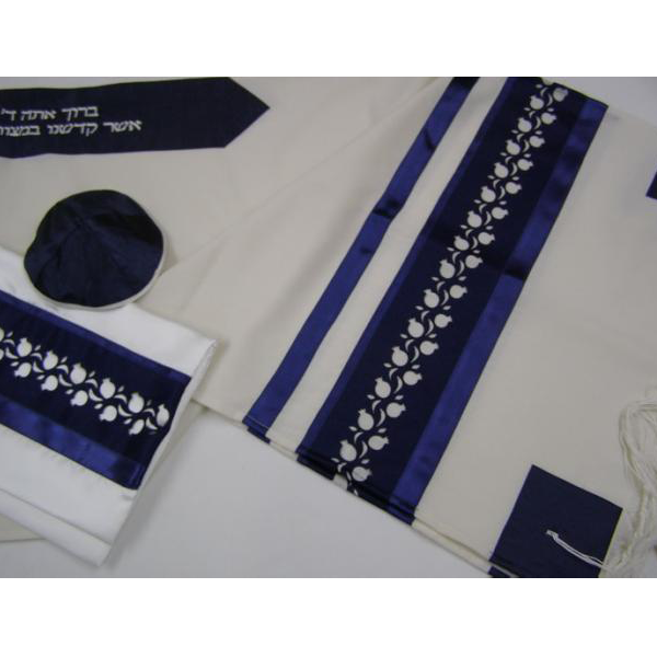 Premium White and Blue Pomegranate Wool Tallit - Handmade Jewish Prayer Shawl for Bar Mitzvah & Bat Mitzvah - Kosher Custom Tallit from Israel - Perfect for Synagogue Services, Jewish Ceremonies & Special Occasions