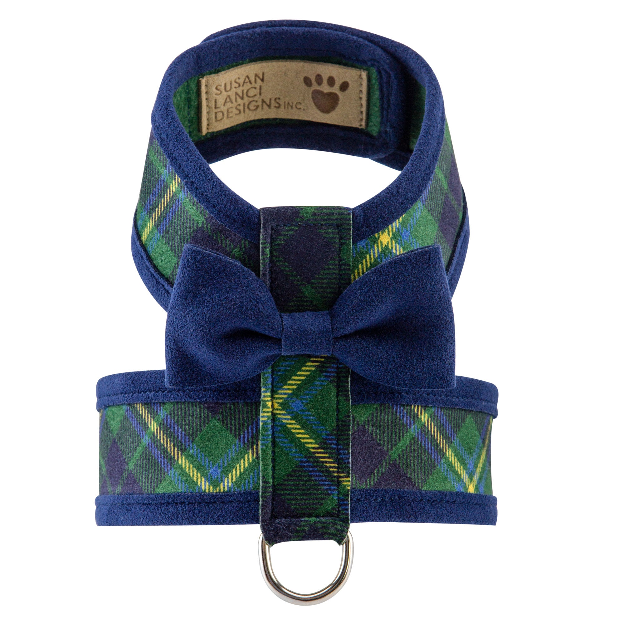 Scotty Plaid Indigo Bow Tie Dog Harness with Adjustable Straps - Perfect for Small Dogs, Puppies & Fashionable Pet Outfits for Walks, Parties & Photo Shoots